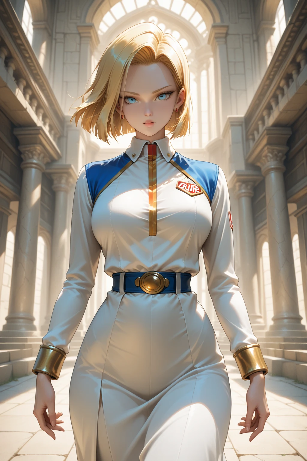 Android 18 from 'Dragon Ball' in high quality. Show her in a confident pose, with his characteristic costume: jeans jacket, skirt and boots. Capture your determined and serene expression. Use an urban background or battlescape, with vibrant colors and details that highlight your strength and personality