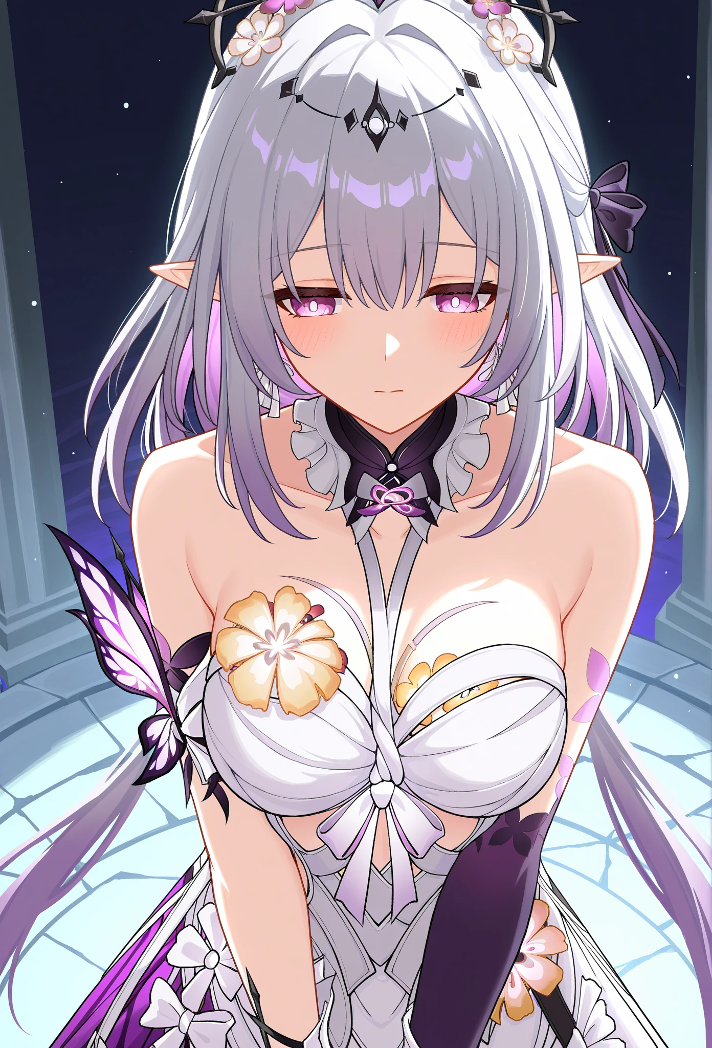 masterpiece, ((royal dressed)), ((wing)), halo, (best quality), (solo), 1girl, reona, silver hair, purple hair , (long skirt), long hair, purple eyes, sexy woman, hair between eyes, hair ornament, vibrant colors , natural lighting, RTX, (huge tits), (detailed face:1.2), (perfect eyes:1.1) ,(photorealistic:1.1), 8k uhd, looking a viewer, outdoors, simple backround, smile, (upper body), standing pose, ((open legs), forest, tree, cleavage