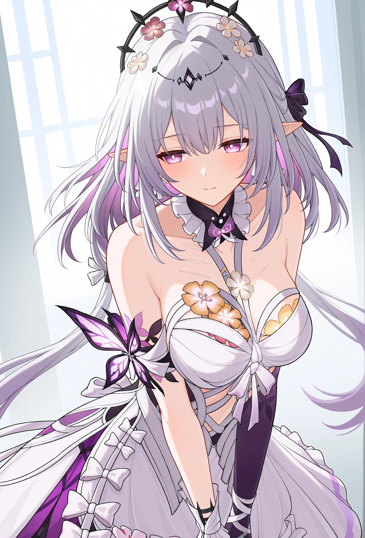 1girl, アニメ, cute girl, blank background, white background, fantasy, detailed fantasy dress with highlights, beautiful face, beautiful eyes, dark colors, black hair with multicolor streaks, red eye with different color pupil in eye, multicolor eye, medium breasts, slight cleavage, beautiful skin, cute, breast curtains, extremely delicate and beautiful, (beautiful detailed face:1.0), (detailed deep eyes), symmetrical breasts, deep eyes, shiny skin, portrait, slender waist, hips wider than shoulders, thighs, expressionless, young girl, luminous eyes, adorable，（Kpop idol）,（aegyo sal：1），（Platinum blonde hair：1），（（puffy eye）），Black panty，sexy posture，Superskirt, Ultra-high resolution，Black collar，slim figure, Abdominal y tattoo, womb tattoo，Tight-fitting leg ring，y tattoo on half-body，Bare skin, Armored hand，Hidden fingertips，Hand covered，Arm covered，Fist covered,{{beautiful detailed fingers}}, tufts of hair, moderate beautiful breast:1.0,(masterpiece:1.2), best quality, high-res, HDR, perfect face, intricate armor, delicate blue filigree, intricate filigree, red metalic parts, detailed part, dynamic pose, dynamic lights, cute face, neutral expression, shuimobysim, lotus, Hanfu, maxi skirt, dress conservatively 1girl, 独奏, long blue hair, standing, One lady,14years,((White hair) ,(Shiny purple bodysuit with microskirt),((Fantasy, Moon Night)), gradient_eyes,