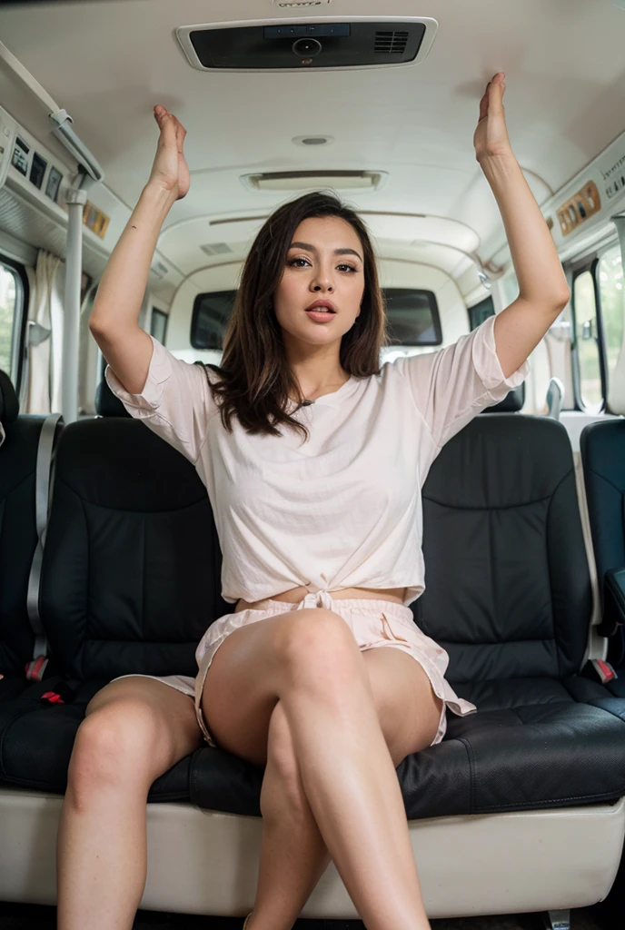 Thai naked young woman open her pussy on bus