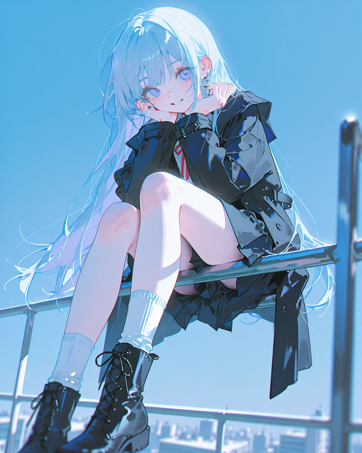 <lora:748cmSDXL:1>, best quality, masterpiece, 748cmstyle, 1girl, blue theme, plaid skirt, sweater vest, long hair, white socks, shoes, black hair, sneakers, white footwear, on railing, sitting, pleated skirt, night, loose socks, white shirt, hair over eyes, school uniform, bucket, from side, full body, wet hair, monochrome, long sleeves, profile, miniskirt, black skirt, from below