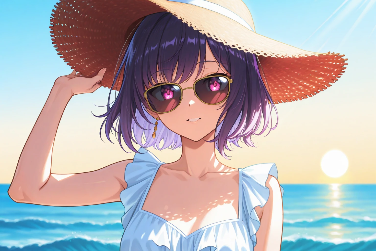 (masterpiece, best quality:1.1),
popart style,flat color,enjoy trip,(japanese girl,tween,beautiful detailed face,(navy hair-color,wavy-short hair),parallel eyebrows,navy eyes with large irises,blunt bangs,small breasts),okinawa beach,flower pattern bikini,very happy,smile,beautiful lighting,dynamic angle,depth of field,photographic portrait, sharp,