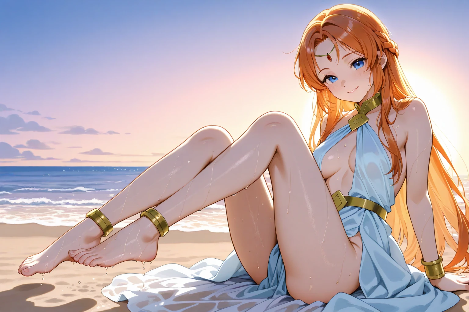 mercury, 1girl in, 15yo student,
😐, aqua eyes, skin tanned, hair between eye, ((Long hair)), Red hair, hair messy, swept bangs, Thick eyebrows, drooping eyes,
She is on the beach in the evening.Sitting, wariza, She covers her naked body with a large white cloth.