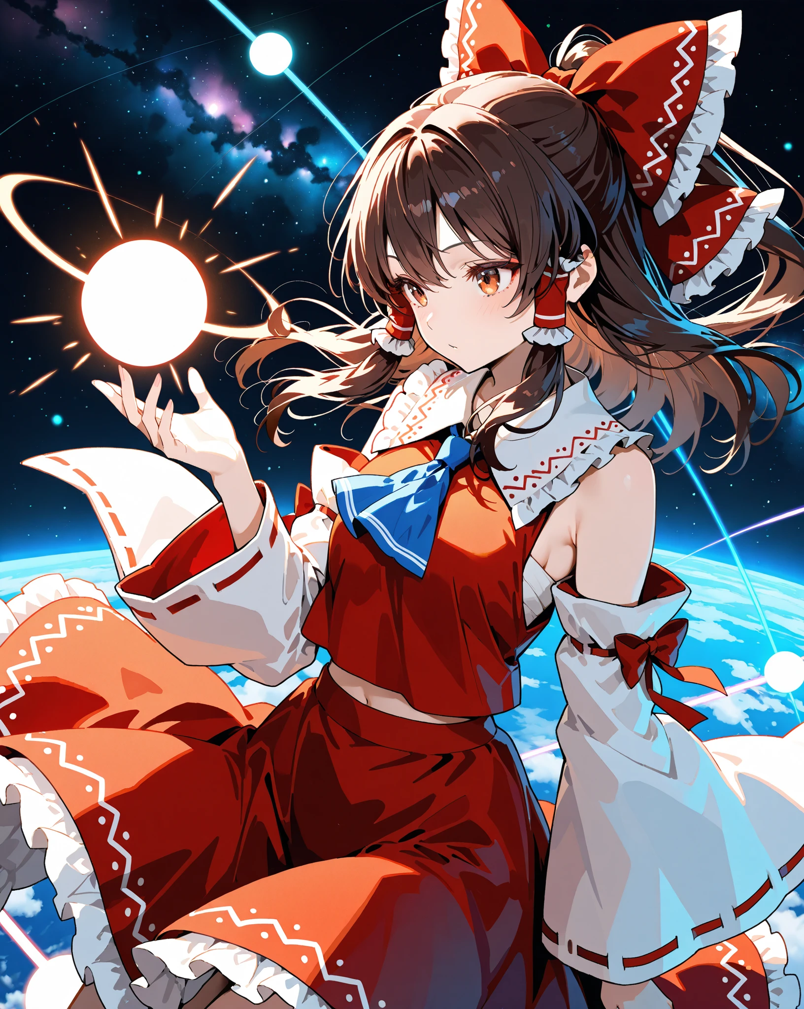 masterpiece, best quality, very aesthetic, absurdres, newest,1girl,naked_shirt, covered_nipples, ,touhou, hakurei_reimu, 1girl, brown_eyes, brown_hair, long_hair, hair_bow, hair_tubes, frilled_hair_tubes, hat, witch_hat,,,in space