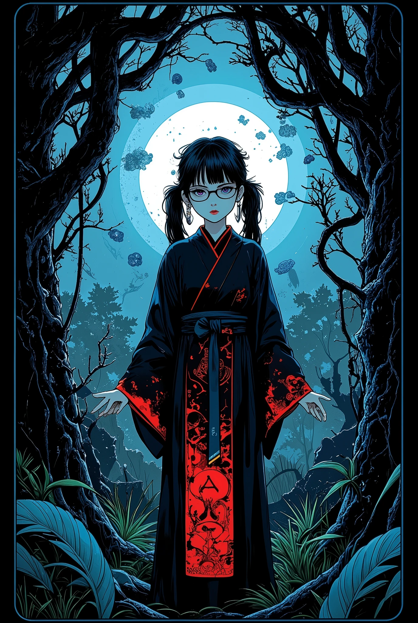 (Tarot card: 1.0), Cyberpunk hacker nerd girl in priest's robes standing in dark forest, Japanese girl, violet eyes、glasses, poufy twin tails、encircling tree々Vines、Multiple symbols and strings of binary computer code floating around、一貫して pattern化された作品、Projected Shadows、 minimalism、Brilliant Color Palette、deep blue and vermilion scheme、Dark Fantasy Illustration、mute light、 Mysterious and Fantastic 、An atmosphere that makes you feel uneasy、surreal、illustration style、A beautiful digital fantasy、Best Quality、masterpiece、