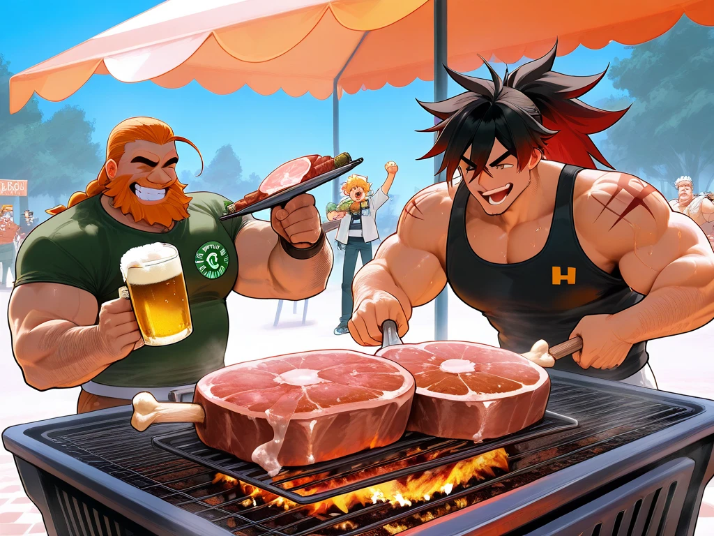 Highest quality、High resolution、(muscular male:1.5)、(father:0.5)、gangbang、3boys、(sweat:1.3)、Short Hair、Sports haircut、short hair、Having a barbecue at the campsite、A fun atmosphere、nipple piercing