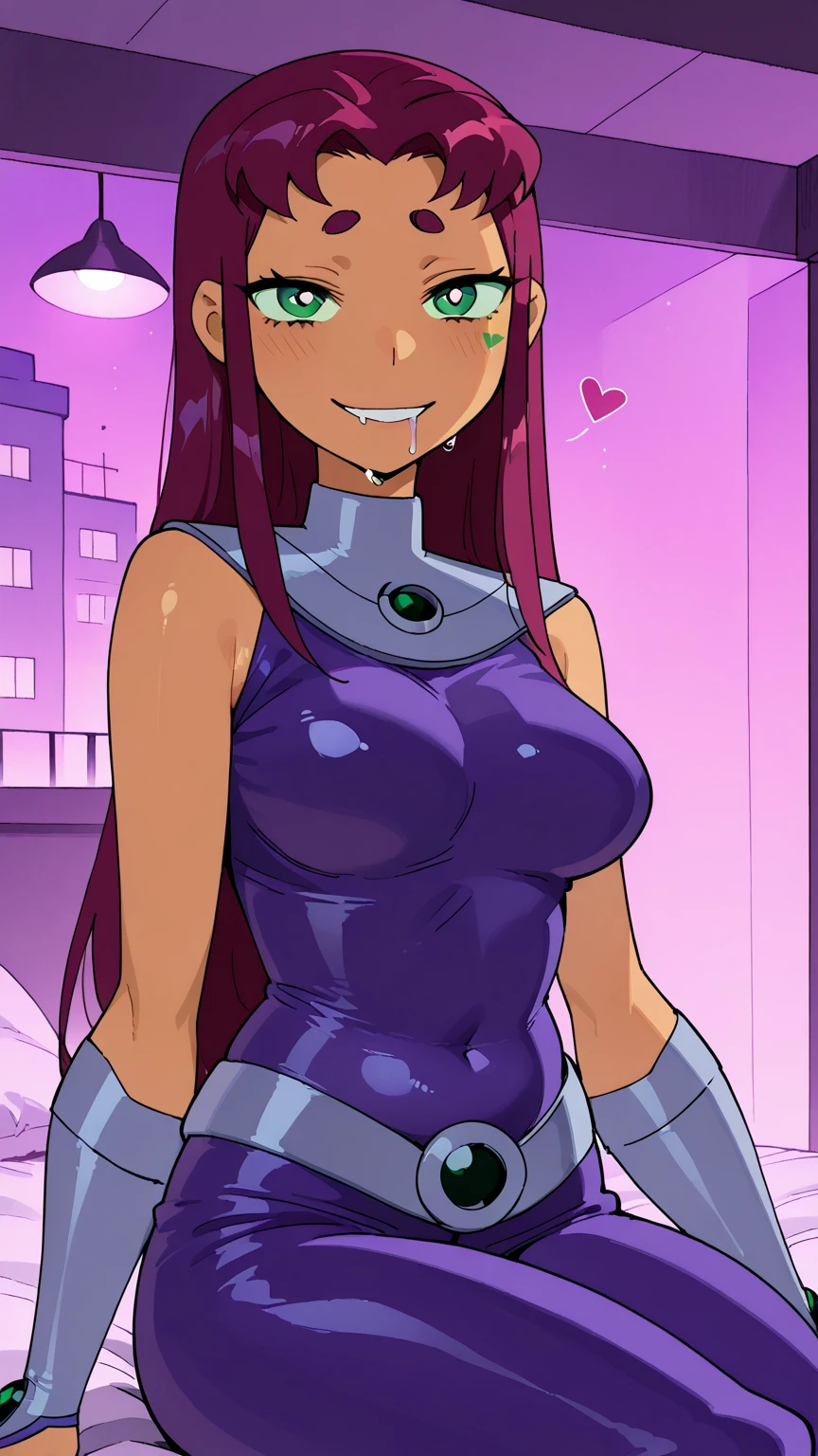 Starfire, red hair, long hair, green eye, standing, leaning forward, naked, nude, pink vagina, smiling, blushing face, ((big breasts)), ((pussy juice: 1.2)), looking from below, embarrassed expression , drooling 