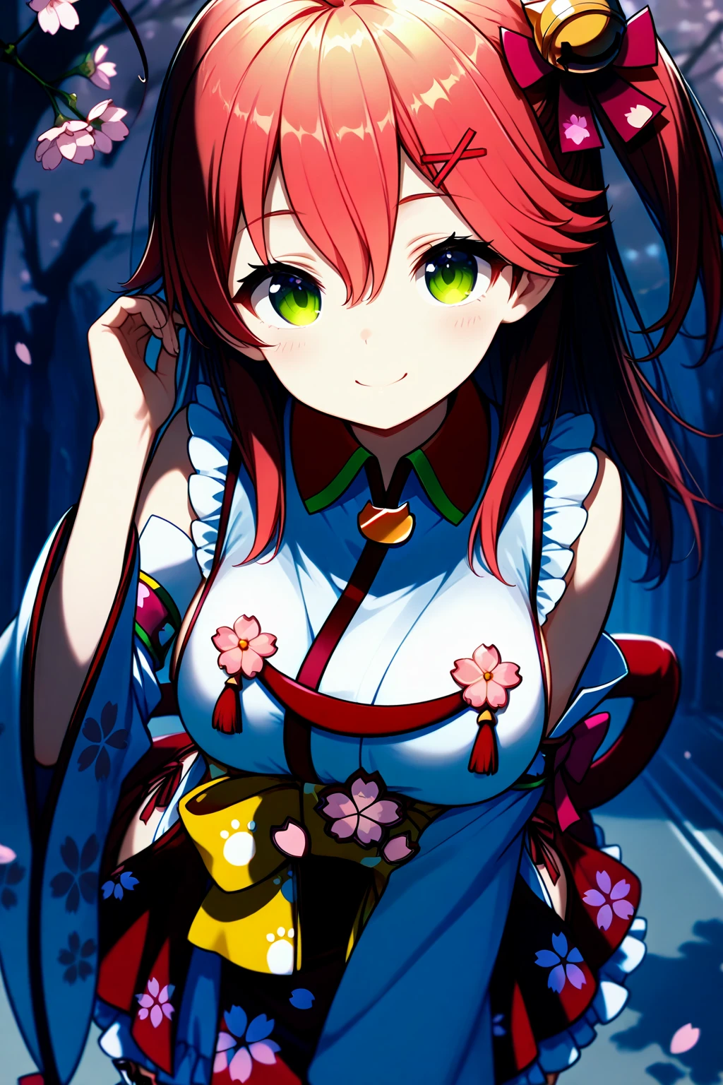 high definition eyes, diagonally forward, masterpiece, best quality, ultra detailed, highres, 8k, sakura miko, sakura miko \(1st costume\), bell, cherry blossom print, green eyes,hololive, smile. 