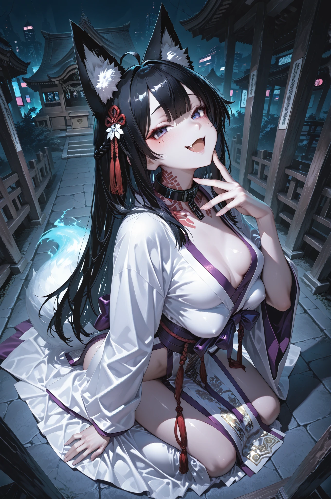 Masterpiece, detailed anime poster, Cute demon-girl, (((wide smile, with extremely detailed sharp shark-teeth in her mouth))), 1girl,solo,huge breasts, ghost costume , (hitodama) ,night, tombstone, graveyard,,, long sleeves, very long sleeves, , ghost, pale skin,, off shoulder, cleavage, no bra, extremely long white hair, sitting on tombstone, bare legs, shredded tattered clothes, curvy wide hips, massive breasts, chubby thighs, beautiful pink anime eyes, japanese temple,