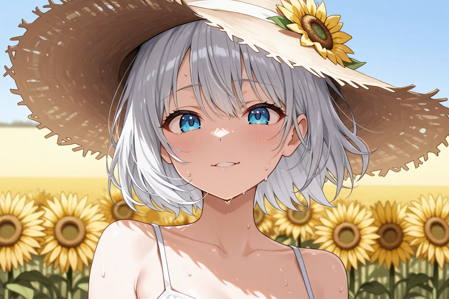 (((best quality)), ((masterpiece)), (details), masterpiece, best quality, high quality, ulutra detailed, perfect face, ((1girl, blue eyes, cat ears: 1.3 silver bob hair: 2.5,)) 、Shiny Hair、Glowing Skin、blush、Lustful look、smile、Sunflower print bikini、Sunflower hair accessory、Sunflower field background、whole body、Sexy pose