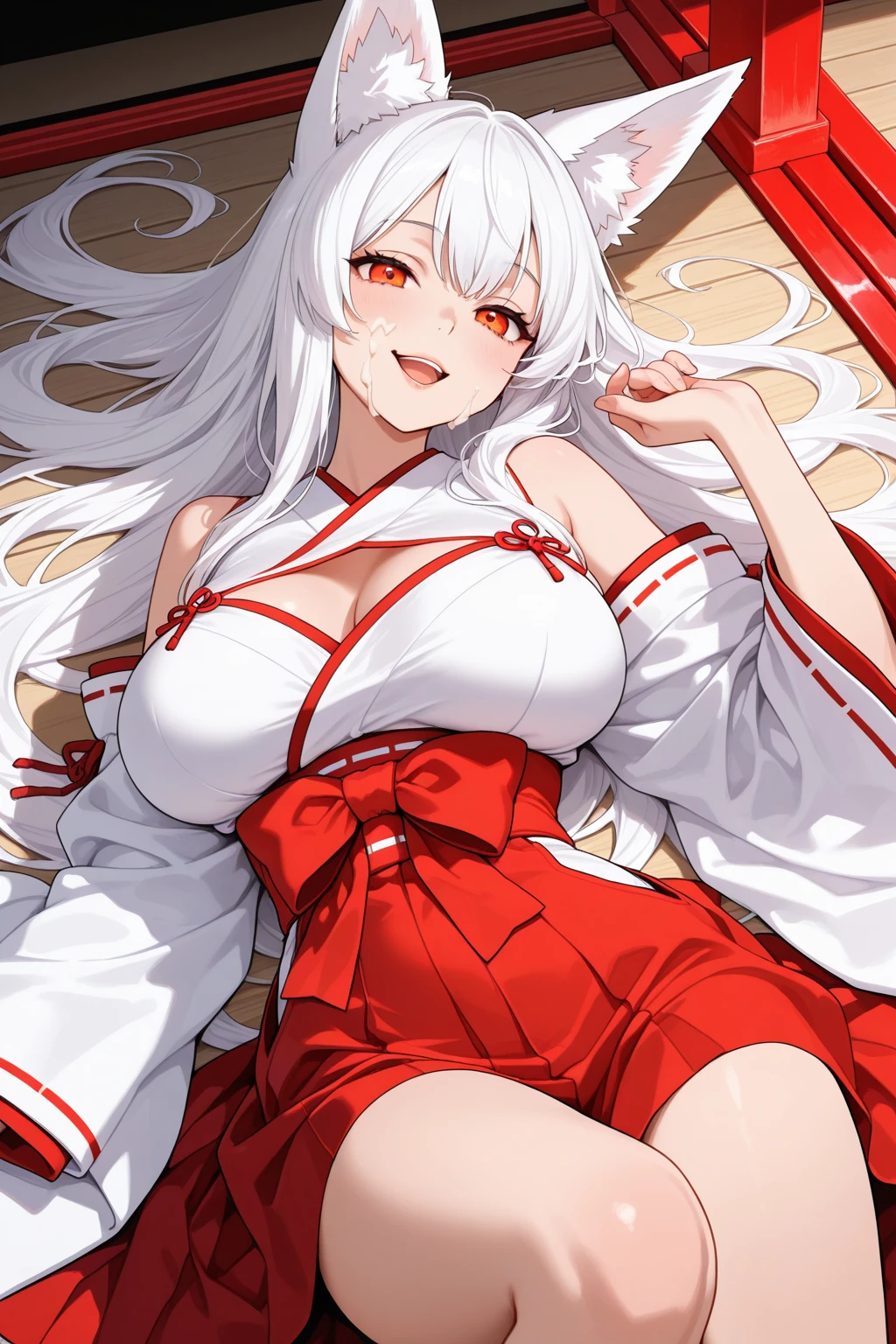 1 girl with big breasts、long gray hair、gold eyes、shy face、fox ears、fox tail、white kimono、red hakama、beast ear maiden、disheveled clothing、phoenix pattern、on the bed、Sleeping figure、