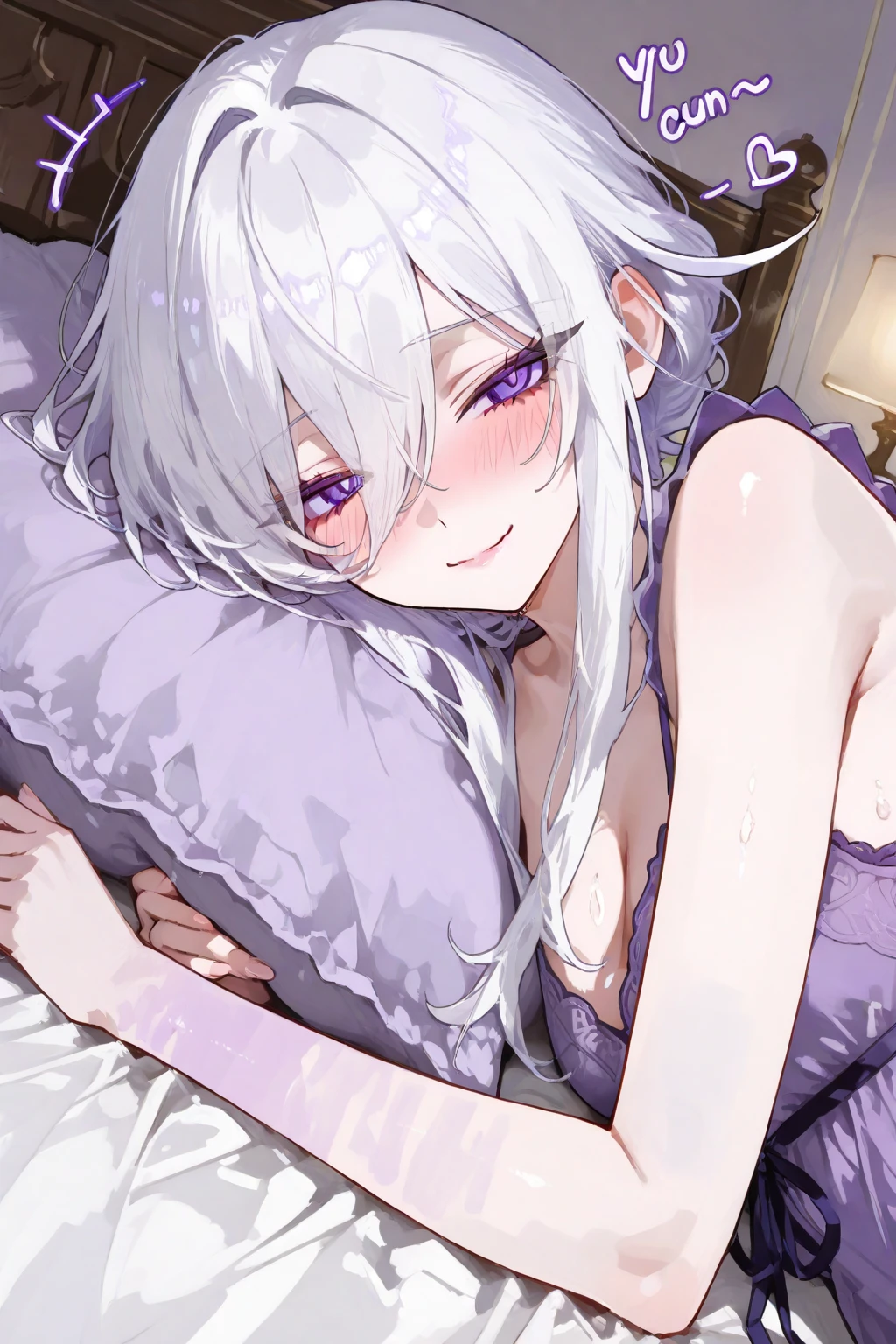 White Hair Girl、Pink Eyes、Short Hair、aloneの女の子、Night、In the bedroom、Blushing、laughing、Erotic、Stick your tongue out、alone