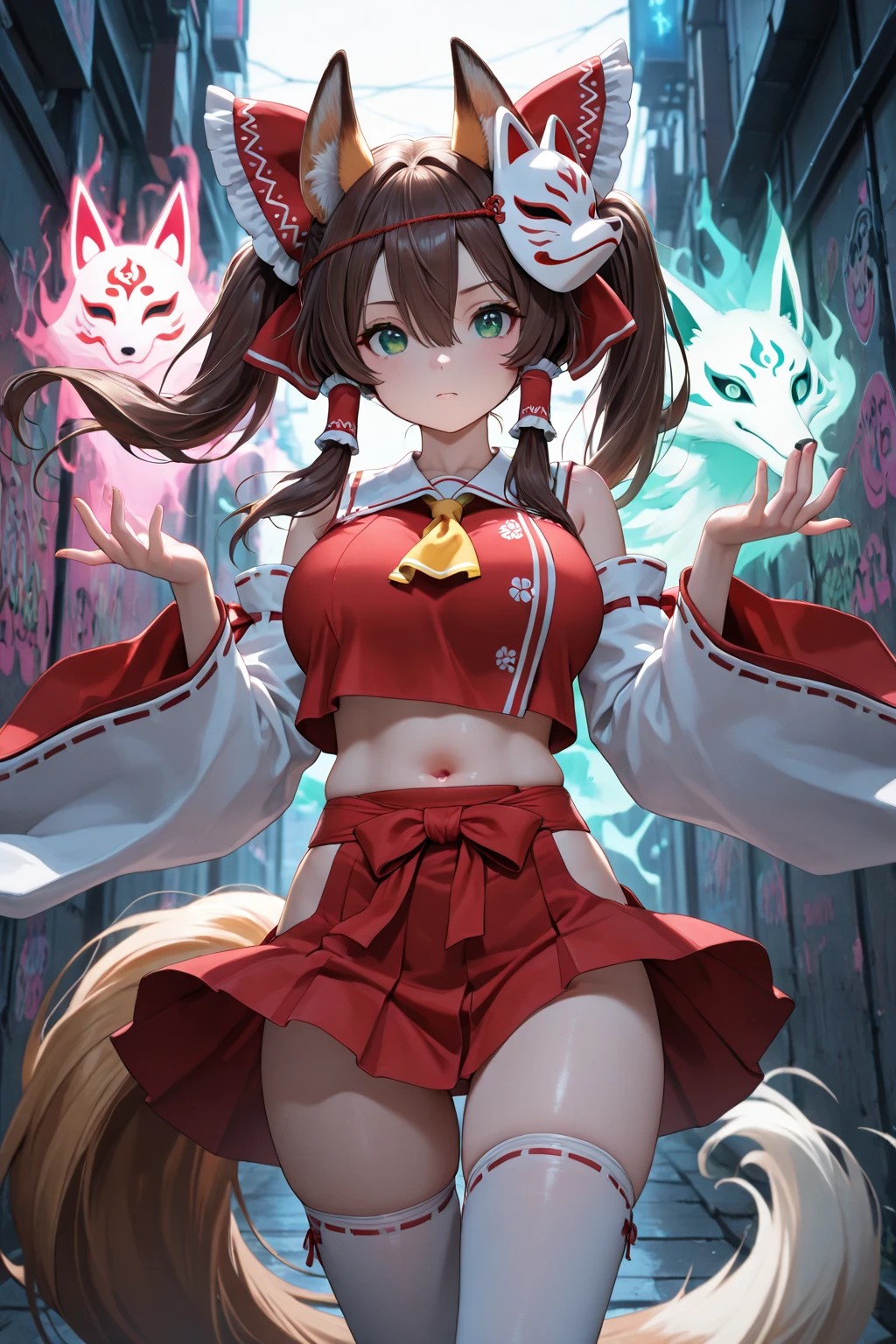 A young girl wearing a shrine maiden outfit with cat ears,Half-naked so that her nipples are visible