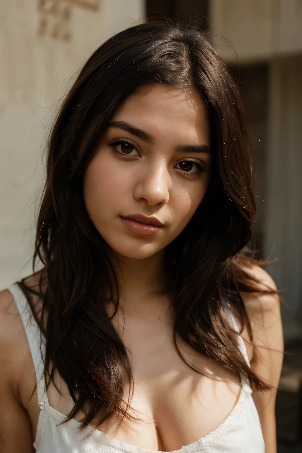 A young girl 18 years, latina female , brown hair , semi realistic face in lingire