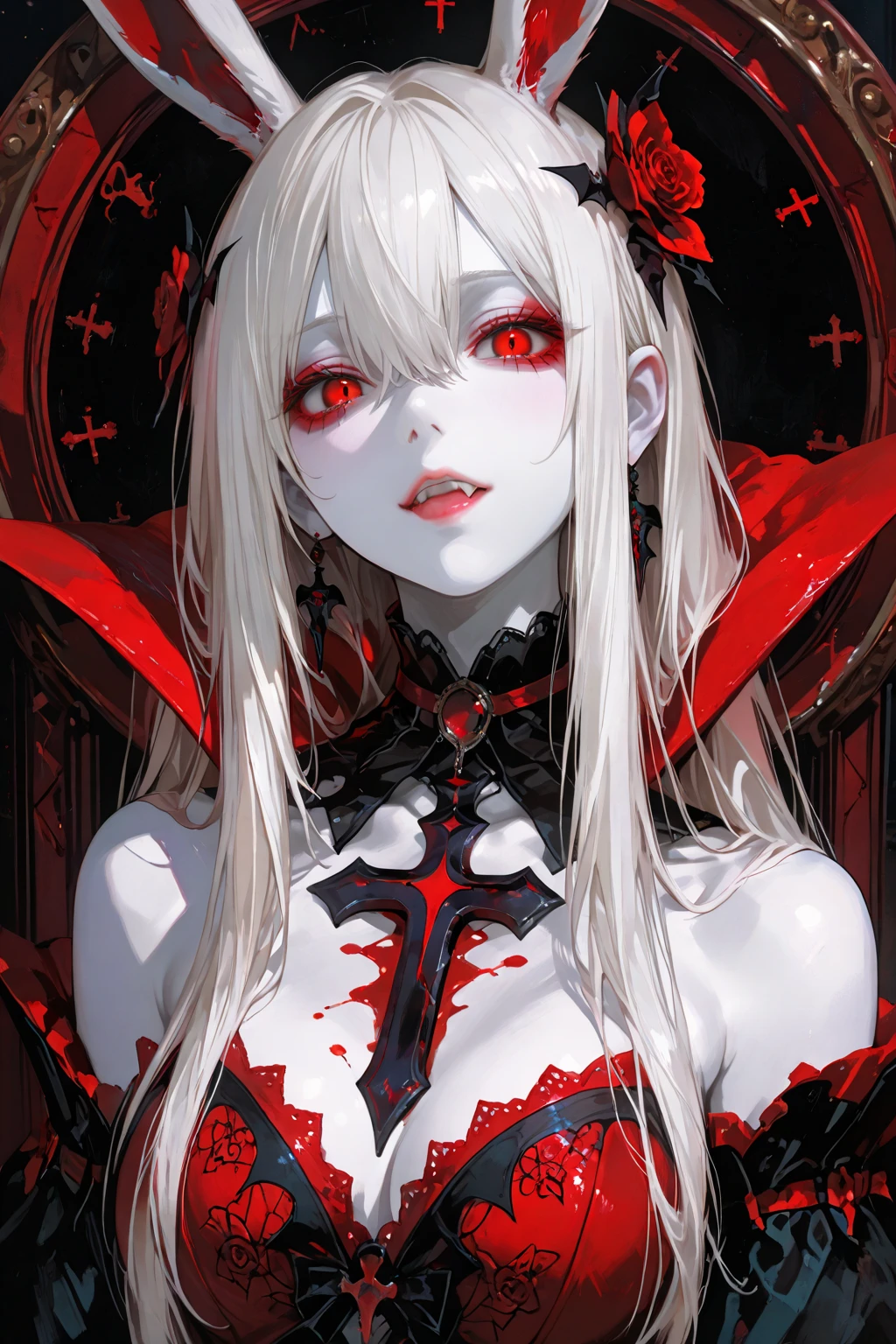Picture of standing upper body, Distant view, in panoramic view, Expensive, One, pale-skinned, (rabbit ears), Thoughtful eyes, facial details, green-eyed, red eye shadow, The lips are red, Black Magic Dress, Carefully, Perverted Smirk, chedevr, high high quality, at the lowest limit, tiny,