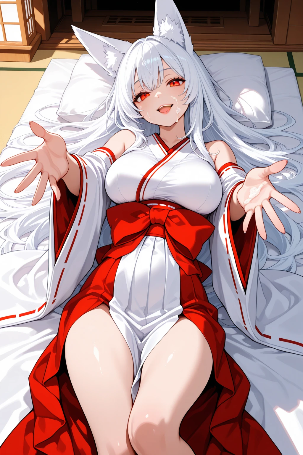 (((high quality))),(((masterpiece))),(((highly detailed))),((illustration style)),
(((fujiwara no mokou))),(touhou),(((red eyes))),(((long hair,white hair,bangs,hime cut)))),(((hair bow, white bow))),(((white leather jacket))),(((Flame Pattern print red full bodysuit))),((latex)), (shiny clothes:1.2),(((grin))),(((large breasts))),(((full body))),(((arm behind head))),(((model posing))),((((simple white background))),(((Angle from below)))
