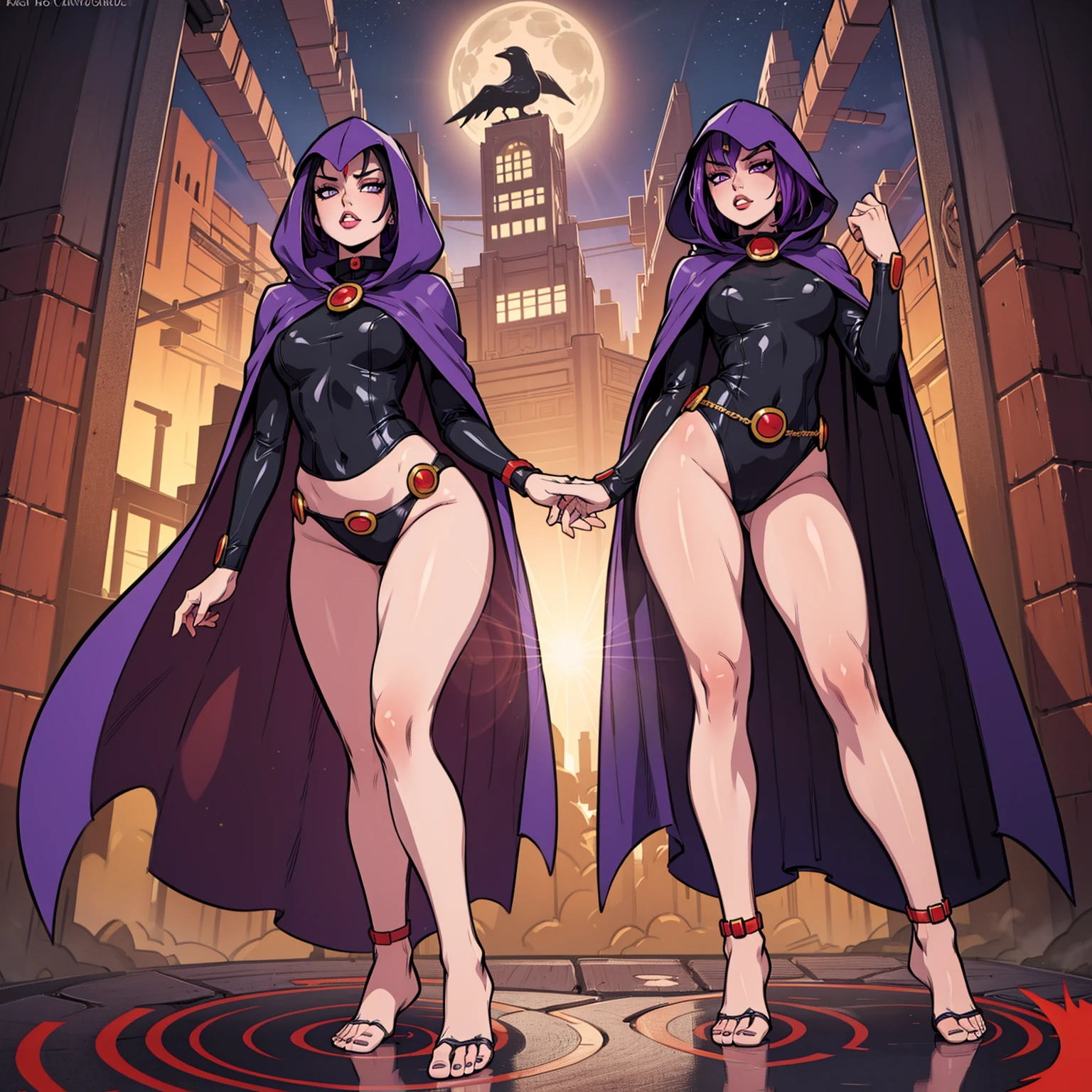 Raven, black leotard, black cape, hood, purple hair, forehead jewel, purple eyes, short hair, belt, skin tight, standing, cleavage, toned, breasts, pose, night, moonlight, ((posing)), motion lines, torso, upper body, portrait, b&w. outline, ((1girl)), (solo).