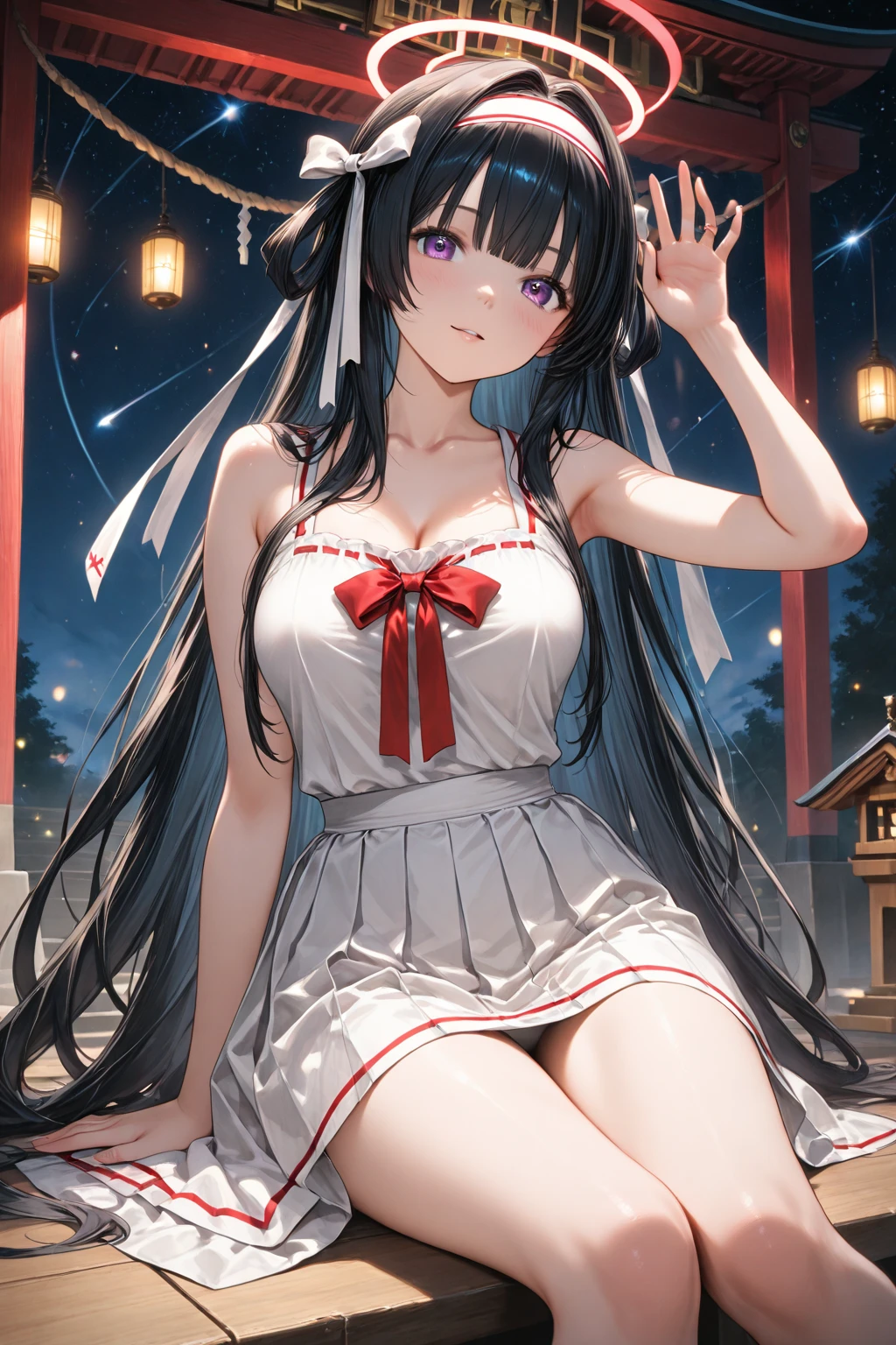 Himari Meimei, masterpiece, Voluptuous thighs, petit body, little young girl, flat chest, {1 Girl}, Cute and erotic smile, Highly detailed sparkling purple eyes, summer night, fireworks,  困り眉, open legs, legs up, brilliant silver grey hair, lying on beach bed, 