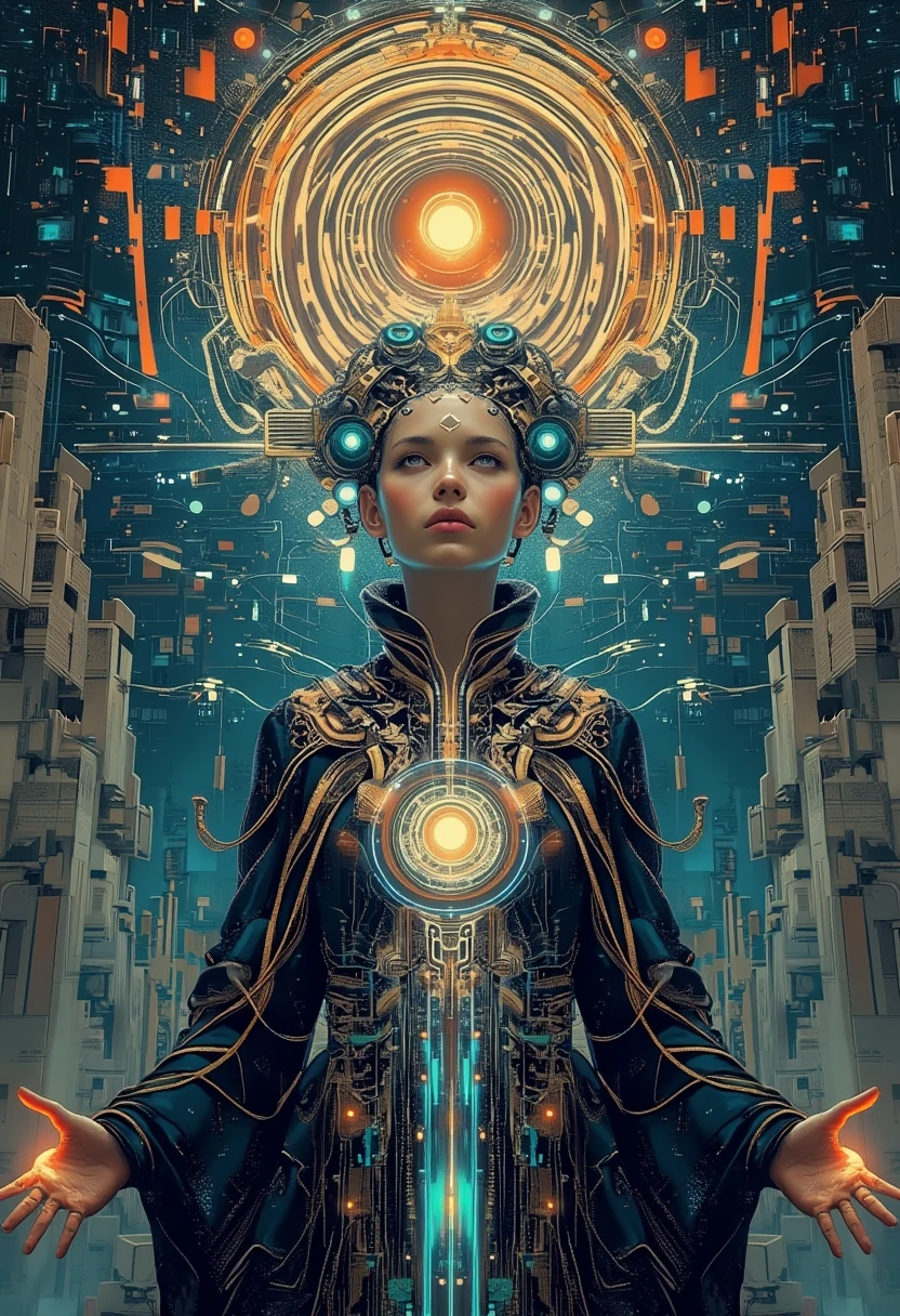 woman, (mad-hrmtcwzrd:1.4), (mad-cyberspace:1.4), Spell rings made of futuristic runes, futuristic robe, orange ornaments, cyberpunk, teal outlines, scifi, 1980s, retro<lora:Neon_Cyberpunk_SDXL_Hermetic_Wizard:0.6> <lora:Neon_Cyberpunk_SDXL_-_Cyberspace:0.6> __oliver/body_pose__ <lora:Fantasy_Wizard__Witches_SDXL:0.6> <lora:XL_Weapon_Ring_Spells_-_By_HailoKnight:0.6> digital shapes in the background, (masterpiece:1.2), best quality, (hyperdetailed, highest detailed:1.2), high resolution textures