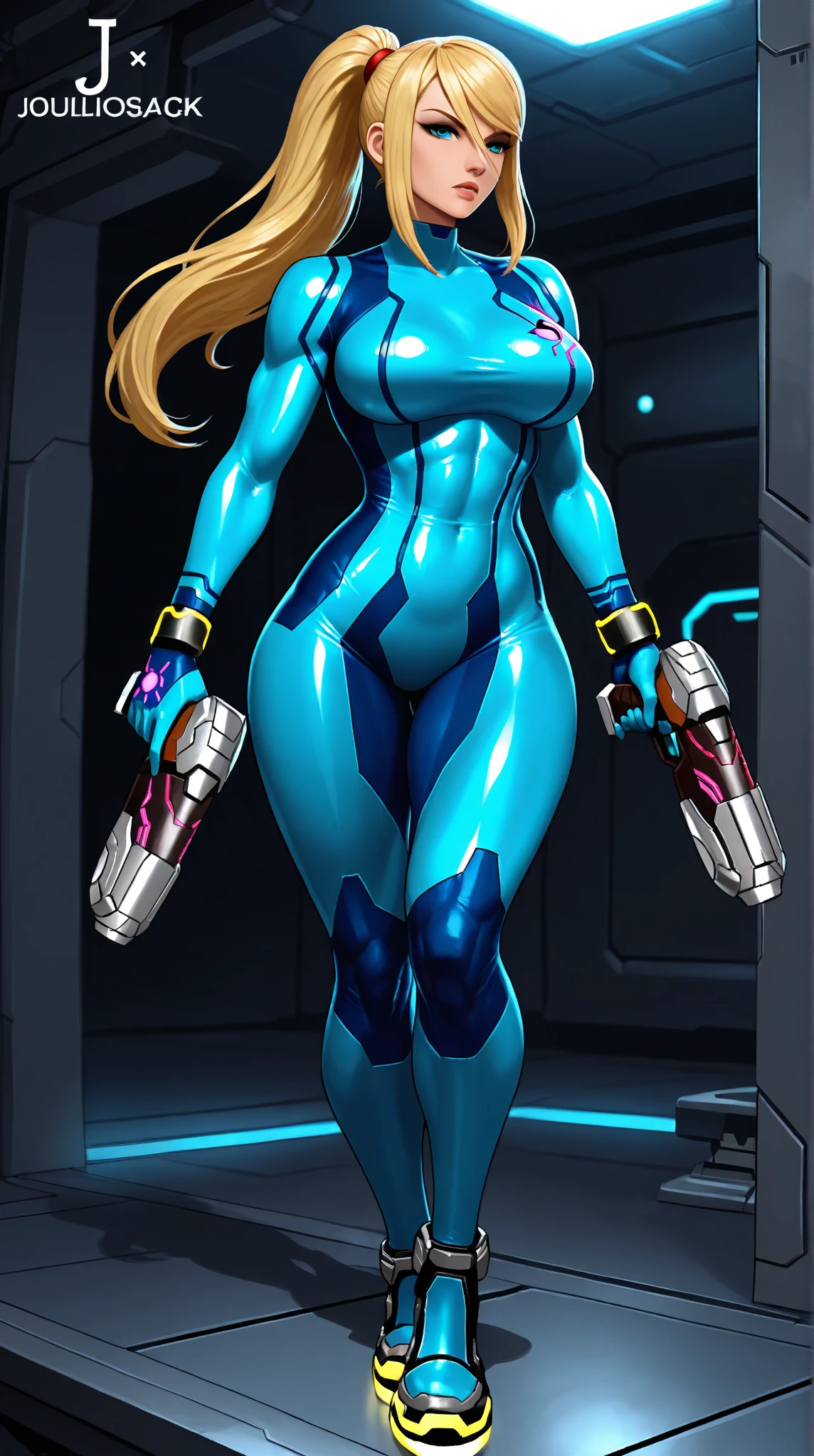 a beautiful full body portrait of Samus Aran from Metroid naked, blond, Samus Aran, Character, very high detailed, pretty, slim thick, very huge breast, large breast, milky breast, no wear, no pants, thick body, very wide hips, narrow waist,