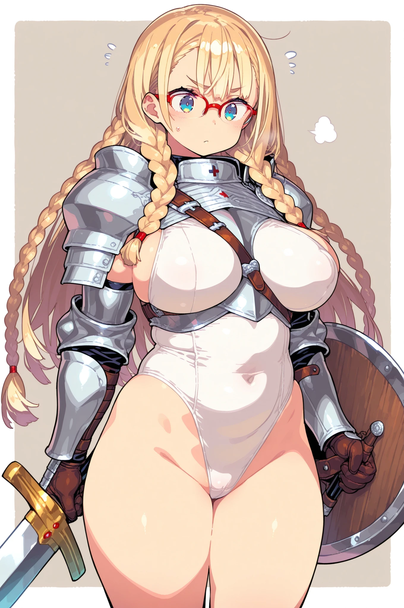 Very detailed、Highest quality、Best image quality、masterpiece、8k、(shoulder-length blonde hair:1.5、Medium Long Hair)、(smile、Open Mouth) 、(Hilarious)、(Big eyes)、(Beautiful and shining eyes)、(Detailed anime eyes)、(Puffy eyes)、(Big Breasts:1.8、necklace)、((SFW Huge Body:1.3、topless:1.5、only breasts are in full view :1.5、bare breasts:1.5 、bare nipples:1.5、 thick nipples、erection of nipple、pepperoni nipple))、(knight armor、Wearing white bikini armor:1.5、High leg leotard、Arm Armor、Leg armor:1.5、armor on the waist:1.5、Waist belt:1.5、Put on a helmet:1.5)、(Cowboy Shot)