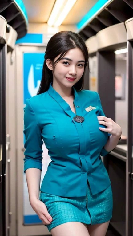 (best quality,4k,highres),ultra-detailed,realistic,cosplay, stewardess uniform, in the airport, (crowded:1.5), unbutton clothes, unbutton t-shirt, mini skirt, skirt lift up, open legs,beautiful woman,(big breasts:1.5), show nipples detailed, dark hairy pussy, pubic hair,vivid colors,portrait,soft lighting