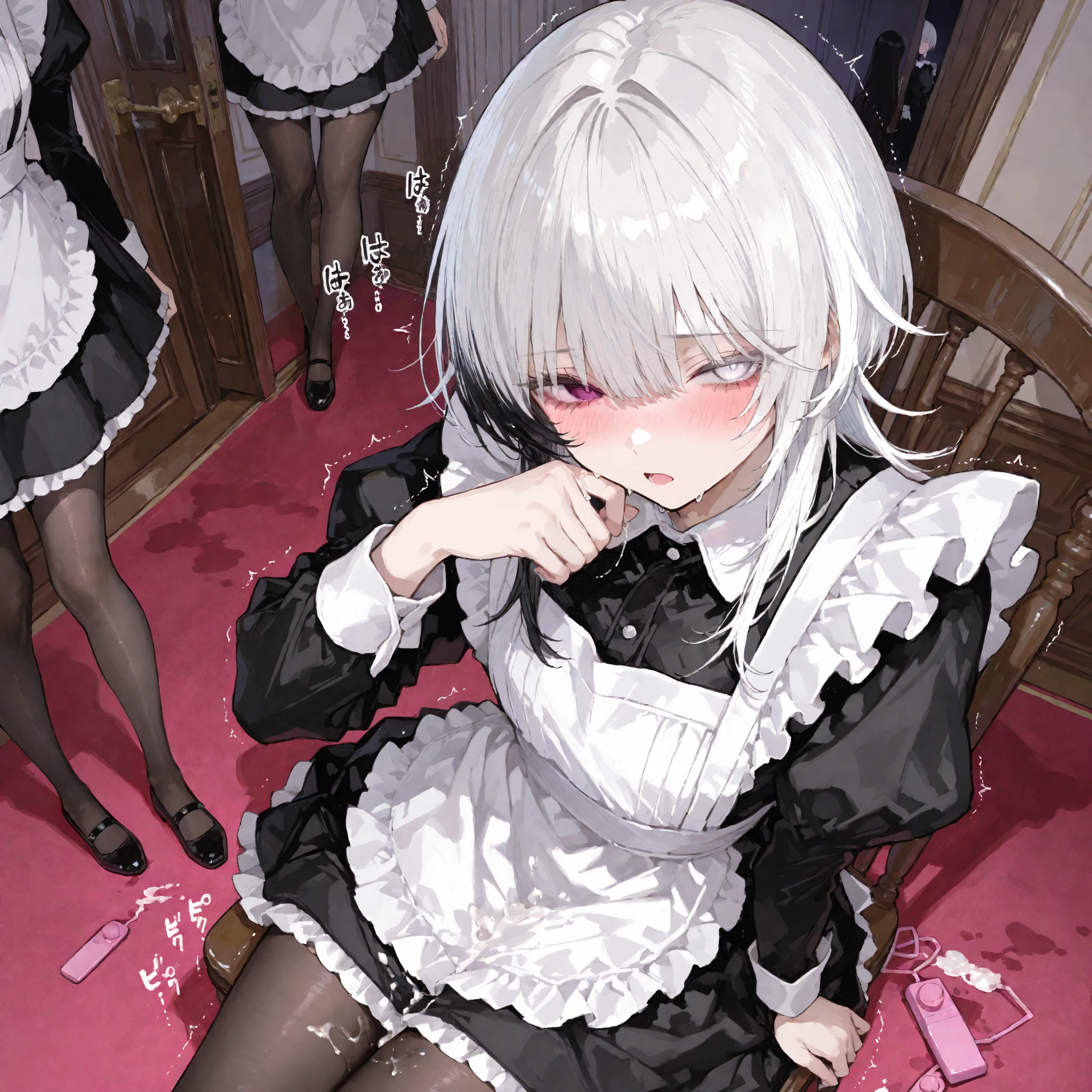 Anime, girl, cute girl, slave, maid, maid uniform, shoes, slave collar, shackles, cold, runny nose, nasal mucus, snot, snot from the nose, handkerchief, you need to sneeze, sneeze yourself, sneeze snot from your nose, desperately want sneeze, cover your nose with your right hand, urinary incontinence, peed, need to pee, pee yourself, pee, pee yourself, cry, really desperately want to pee, scat, diarrhea, crap yourself, need to poop, need to poop, poop in your panties, poop yourself, poop, sneeze, pee and pee yourself: 1.3), desire to sneeze, desire to pee, desire to poop tightly covering the perineum, knees together, feet apart: 1.6), (hand between legs, leaning forward: 1.3), (shaded face, despair, anxiety, sigh, full face flush, embarrassment, looking away: 1.5), (girl can't stand up straight: 1.5), full body, (ultra detailed face, best quality: 1.5), ( from the side), standing, living room, full height. Pee on the floor and pooped on the floor