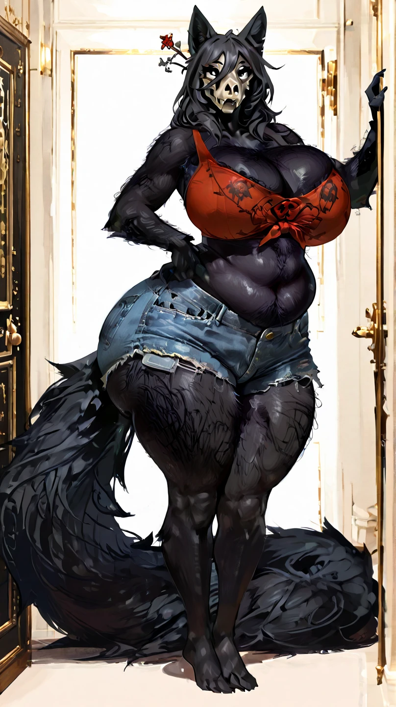 A goth cat wearing a small tight torn croptop, small tight torn jean shorts and fishnets on her arms and legs, long black hair, Giant soft boobs, large soft plump butt and thighs, horny, muscular, big, morbidly obese