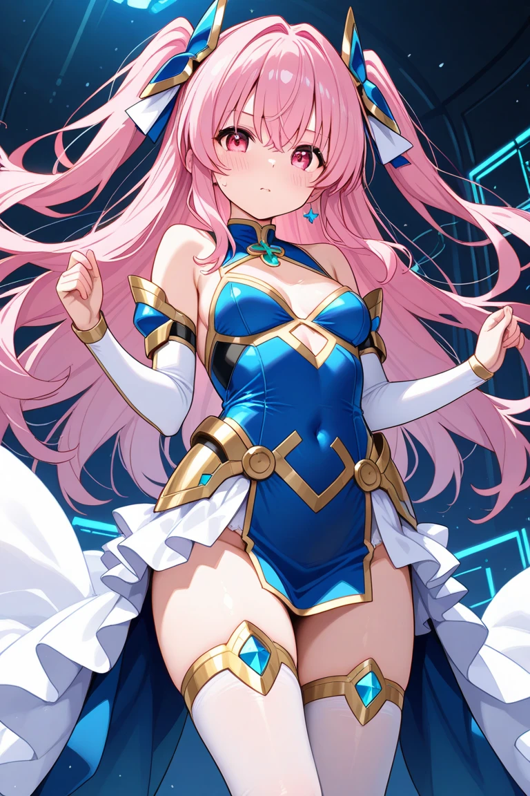 Ample breasts,pretty girl、Pink Hair、Blue Eyes、Blue leotard、Star pattern、Bright atmosphere、smile、High leg、Spreading her legs