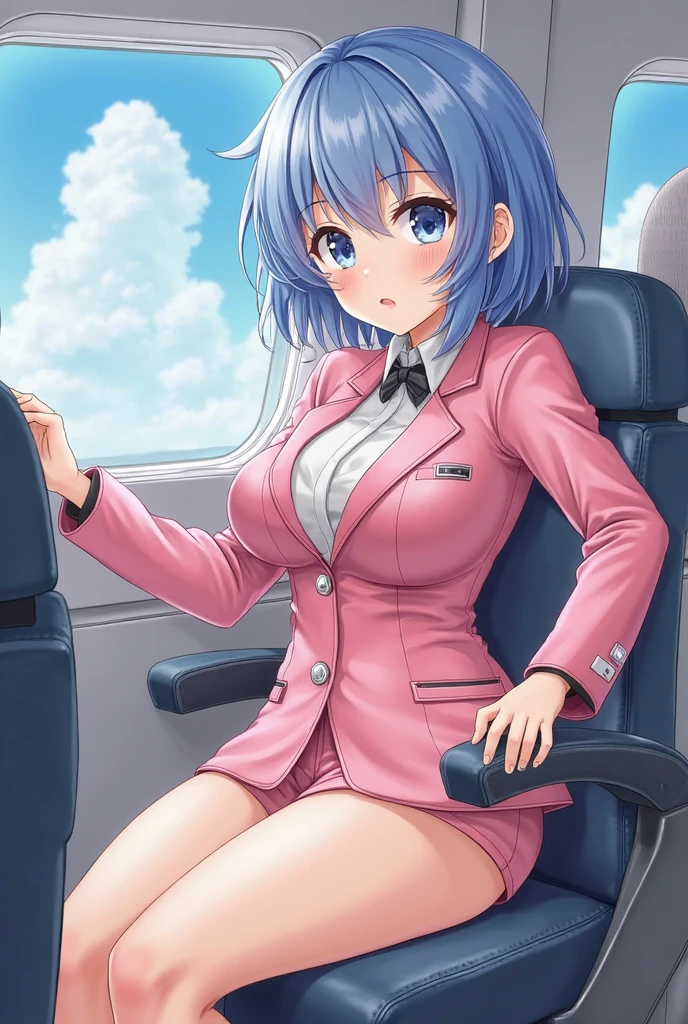 absurdres, highres, (official art, beautiful and aesthetic:1.2), ultra detail, beautiful person, mature female, 1girl, flight attendant,
narrow waist, wide hips, choker, wristband,
crop top, sleeveless, underboob, cotton pencil skirt, upskirt, white thong, pantyshot, necktie,
hayasemitsuki, blue hair, purple eyes, BANGS, short_hair_hm, airplane interior, <lora:jean_divineElegance:0.6> <lora:Hayase_Mitsuki:0.4>
