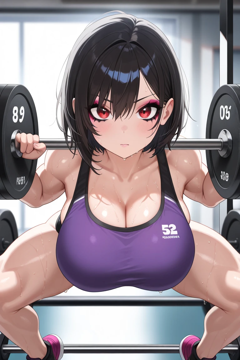 (masterpiece), best quality, expressive eyes, perfect face, gym, workout, hot, sweating, sweaty, tan, big boobs, tan skin, flustered, blush, purple clothes, see thru, yoga pants, black hair,, curvy woman , black hair , ultra hd,