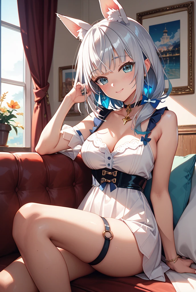 (((SFW、sound、Highest quality、first class、masterpiece、Normal body、8k、Detailed face、Ultra-precision、Normal hand、通常のrefer to、5refer to、Highest)))、beautiful girl、Silver Hair、Odd Eye((Emerald、brown))、Shortcuts、Bobcut、Small breasts、High leg leotard、Colorful frill mini skirt、Bright ribbon on the right side of the head、Frill ribbon on chest、Large frill ribbon on the back、Shirai Hinako - Blue Reflection、Transform、Magical girl、blush、Inject an aphrodisiac、Estrus、Feeling embarrassed、Open your mouth、first round、2people(Hinako and the man)、Couple、be with a man、Being hugged from behind by a man、A man is groping her breasts、Hotel、A man is sitting on the sofa with Hinako sitting on his lap.