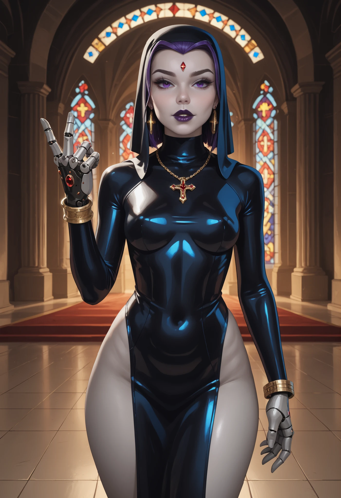 rachel roth, colored skin, grey skin, purple hair, medium hair, forehead jewel, purple eyes, small saggy breasts, huge hips, dark red lips.|  necklace, earrings, rings, bracelets. Photorealistic image of a mechanical android nun standing in a dimly lit chapel; her robotic body composed of metallic plates and transparent plastic segments; glowing blue circuitry visible beneath her habit adorned with intricate religious symbols; mechanical arms extended in prayer-like gesture; holographic display flickers above her hand projecting biblical verses or sacred geometry patterns; floor reflects softly; shadows cast by her presence, blending spirituality with advanced technology; composition explores contrasts between humanism and technological advancement. Metallic plates, glowing circuits, hologram projection, chapel interior, robotic nun, spiritual machinery.