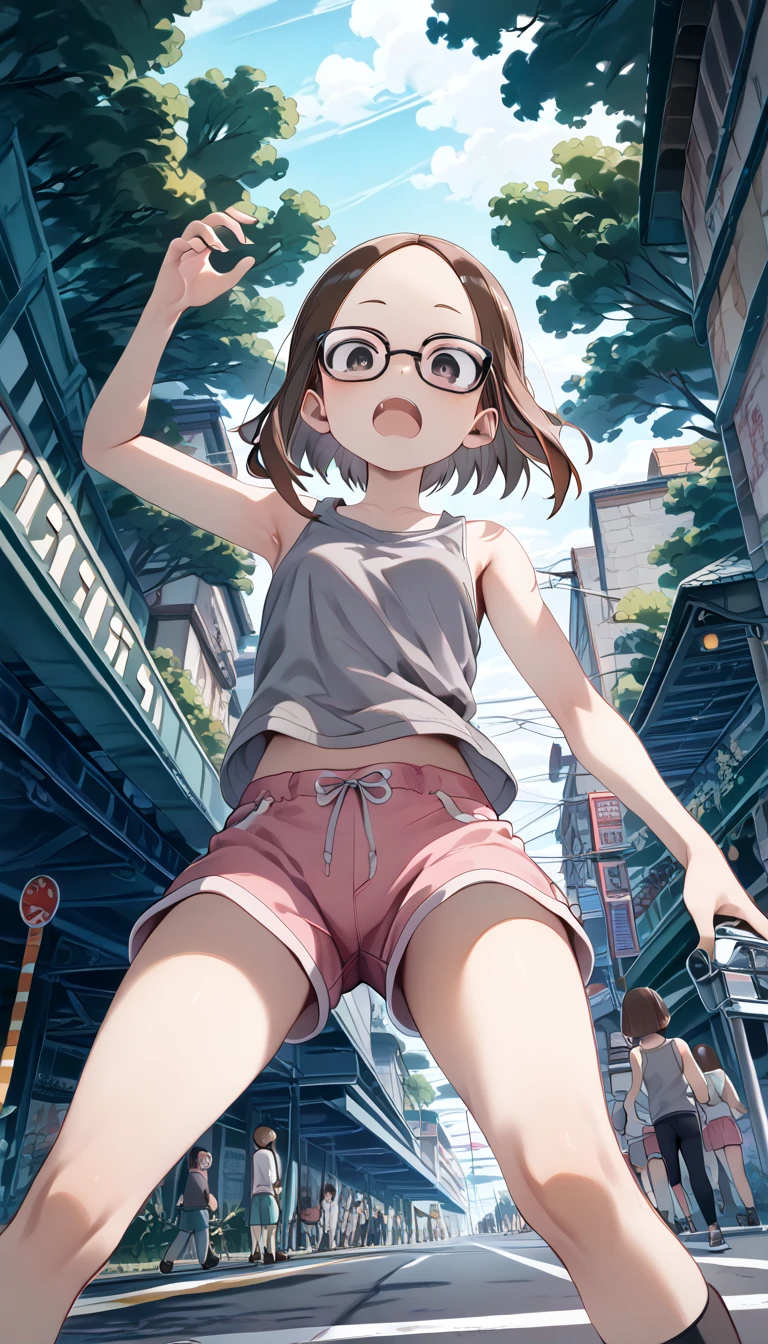 Pixel art, Giantess, green shirt, no bra, bare midriff, looking down, smug, brown hair, blushing, busty, in city, teen, cute, messy hair, yoga shorts, on kness, cleavage window, tiny people, tall female, height difference, size difference, anime, detailed clothing, busty, looking down, tiny boys, tall female low angle, looking at camera, crawling, on fours, sexy, big boobs, domination, petite, cute, giants, doggy pose, glasses, playful, smug, skirt, long legs, tight clothes, butt focus, big butt, torn clothes, torn up clothes, ripped clothes