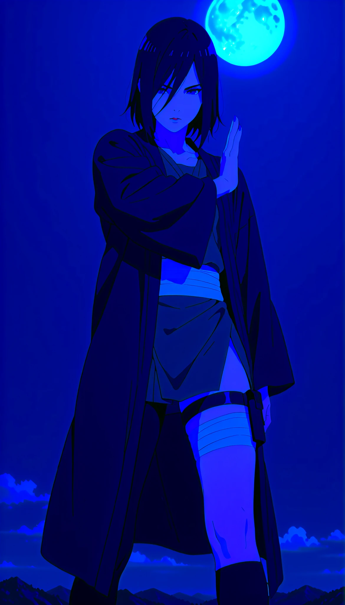 (((IZUMI NASE)))) walking confidently through a war field. The art style should closely match that of Naruto or similar shounen anime, with clean linework and soft shading. ((Solo)) haori with layered leg accessories (bandages, thigh pouch, dark ninja stockings). fighting, hyuuga-pose, jyuuken, centered, clean background, ((perfect lips)), delicate, feminine, sweet, melancholic, perfect hands, lilac colors, score_9 , score_8_up , score_7_up , BREAK, elegant, perfect nails, painted nails, moon background, night sky