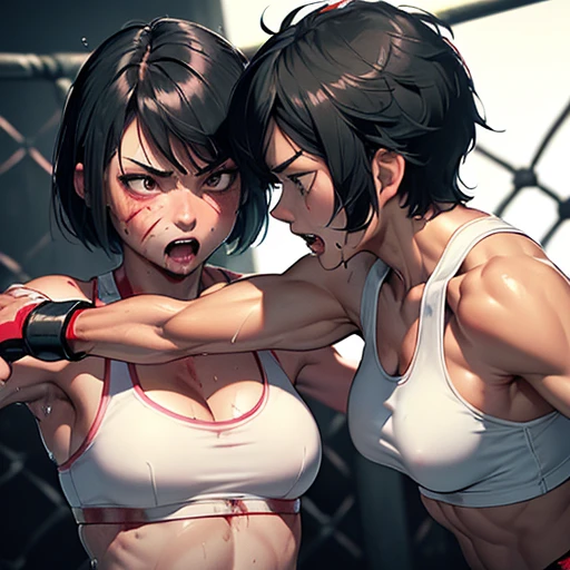 two girl fighters are face to face. They trade dynamic punches with each other. a bloody beautiful Japanese female fighters are fighting survival in the underground ring. Blood is dripping from her nose. She is covered in scars and bruises. she is damaged terribry. Short-cut black hair, out of breath, drooling from mouth, one eye closd, crying, exhausted, drenched in sweat. Erect nipples. open finger glove. Tattered sports bra and bikini-shorts, adhesive plaster
