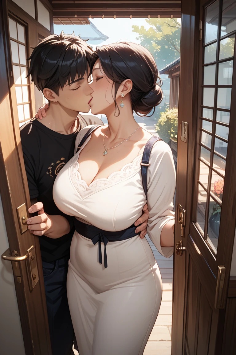 average body male hugs from behind thick body large breast females wearing extremely transparent long floral dress in different rooms of the house, sunset, (show bare breast and nipples peeking out of dress), nsfw,