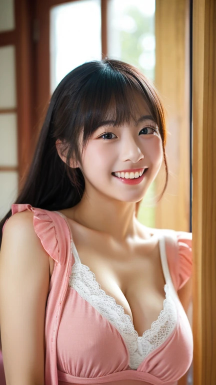masterpiece,best quality,(Japanese ),((Beautiful girl)),cleavage,indoor,(perfect body beauty:1.2),(shy smile),beautiful teeth,