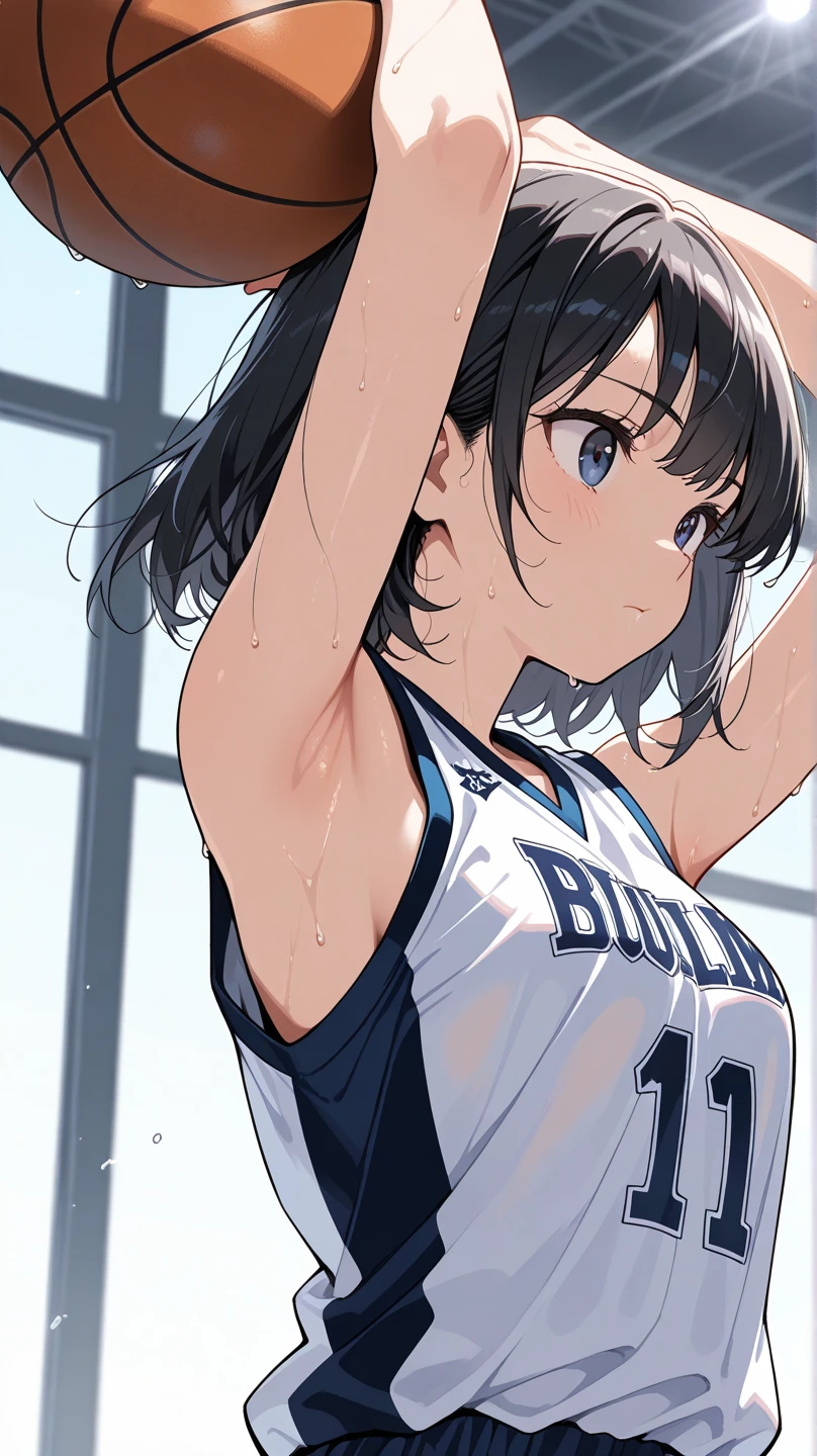 masterpiece,best quality,ultra detailed ,1girl ,black hair ,medium hair ,wavy hair basketball uniform
arms behind head