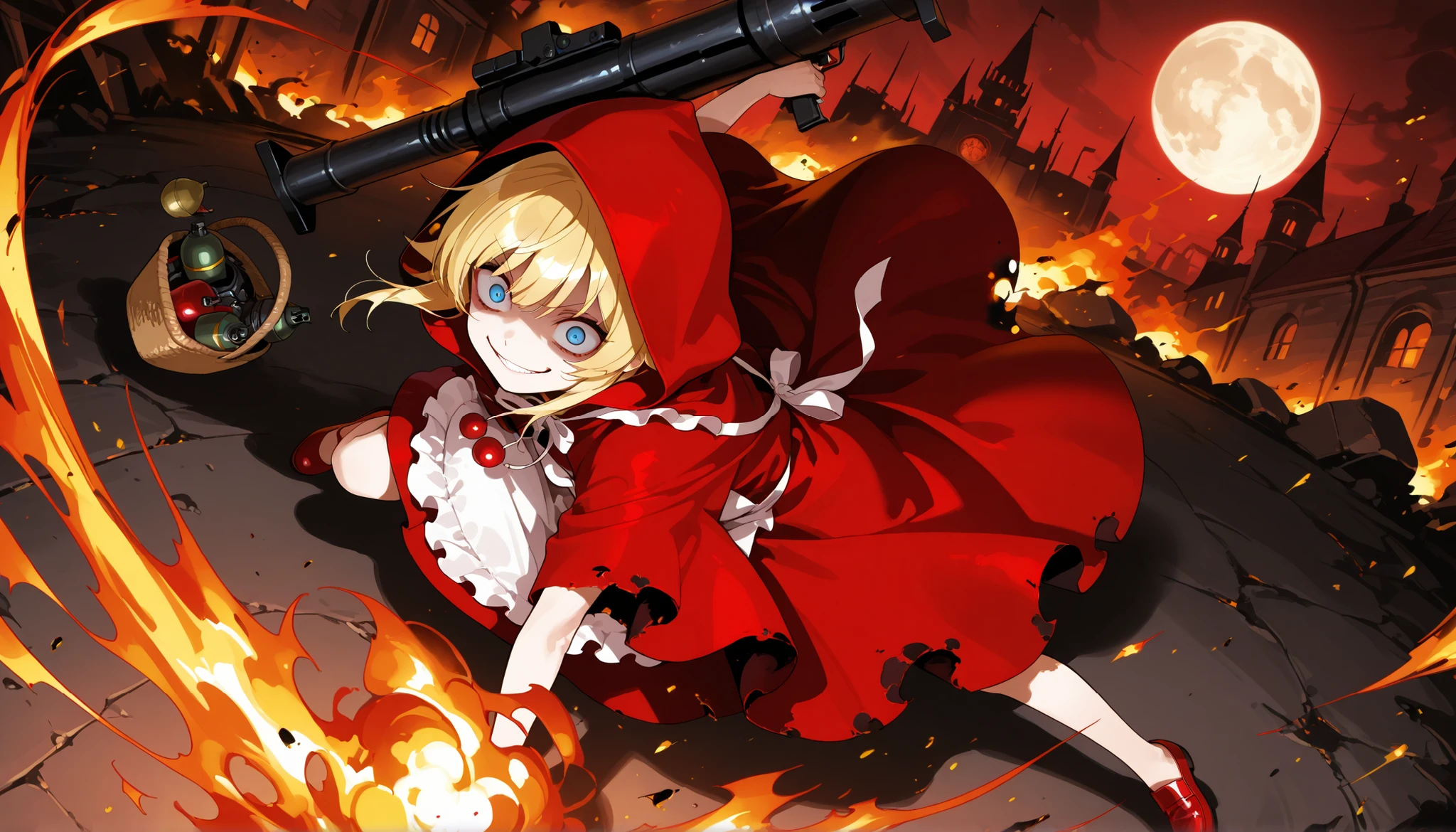 masterpiece, 1girl, best quality, amazing quality, very aesthetic, basket, apples, fruits, absurdres, red dress, exposed legs, blue eyes, B.B Hood, blonde hair, white apron, bangs, 1girl, red hooded cloak, red shoes, crazy eyes. crazy smile, moon, dark castle, rocket launcher , bomb, hand grenade, dynamic angle, spark, fire, sliding, devils, dancing, ((burnt city back ground)), full body shot, face close up, view from above