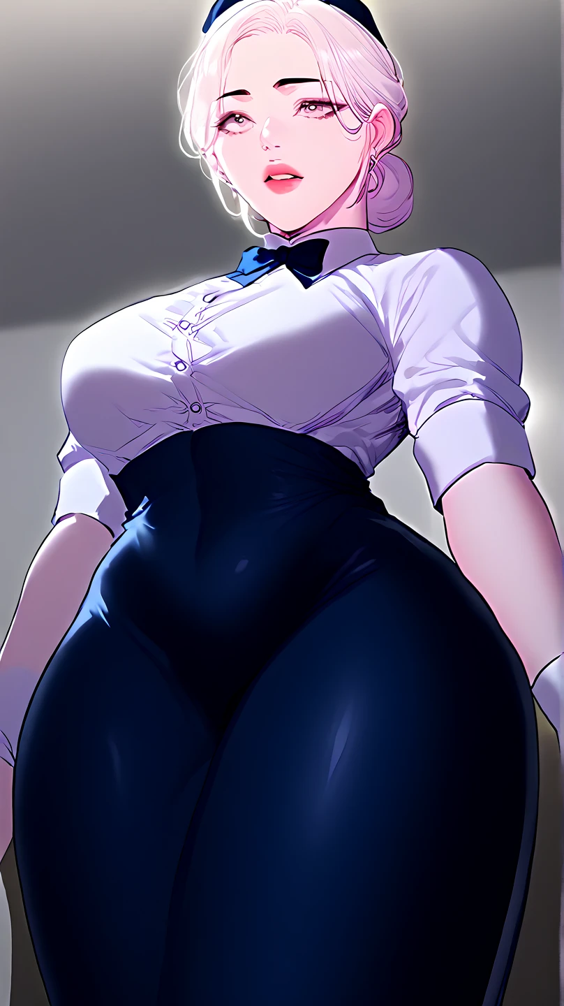 (((Alone woman))),(((Light purple hair))),(((blue eyes))),((curvy body)),(((Wearing a suit)))