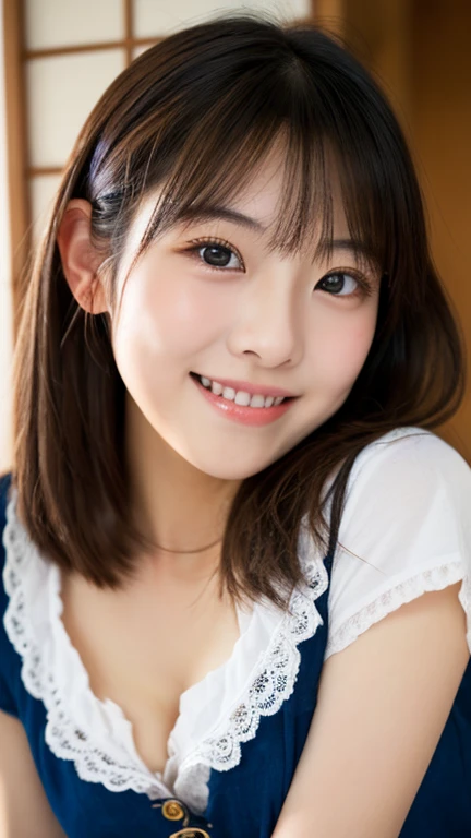 bright表情、Realistic:1.32、Highest quality、Ultra-high resolution、最も美しい日本のgirlの写真、Cute and beautiful facial details、Small face、(PurerosFace_v1:0.008)、美しいbangs、14 years old、Shine, fair, Shine肌、Hair gets tangled in the face、girl１people々、顔まで伸びるbangs、bangs、Hair between the eyes、Attractive brown silky hair、bright、澄んだ瞳が魅力的にShine、Dynamic pose、Highest quality、Confused、((the cutest girl in the world))、日本people々、((Mini dress with ribbon:1.3))、Korean Fashion、(Long Bob:1.3)、(Tie with a thin ribbon)、Nice and cute、An innocent smile、nice smile、No cleavage、(Large Breasts:1.3)、(Pose cutely:1.3)、Brown Hair、Narrow waist、Beautiful eyes in every detail、View your audience、Upper Body、Face close-up、Front view、