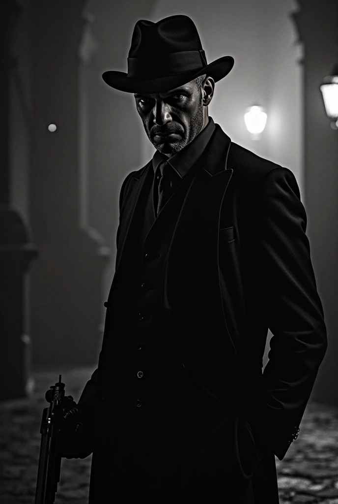 Dex, a black and white man in crime scene style 
