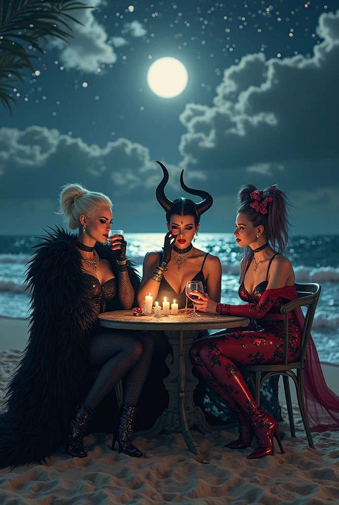 three woman standing next to each other in a field of trees and red bushes at sunset, next to a palm tree with a glass of beer in it, two women touching each other and two men in the background looking down and behind them, a woman standing on her stomach with bloody blood coming out the bottom, a sexy skeleton zombie in the dark holding glowing balls in his hand with three different spell behind her is speech bubble, a woman in a bikini on the floor with no clothes on, two women with black and white art in the background one woman has her hand up, bathing suit standing at, a female character dressed in a robot suit with no panties, a girl is shown wearing a cape and stockings with horns on her head and wearing lewd underwear
