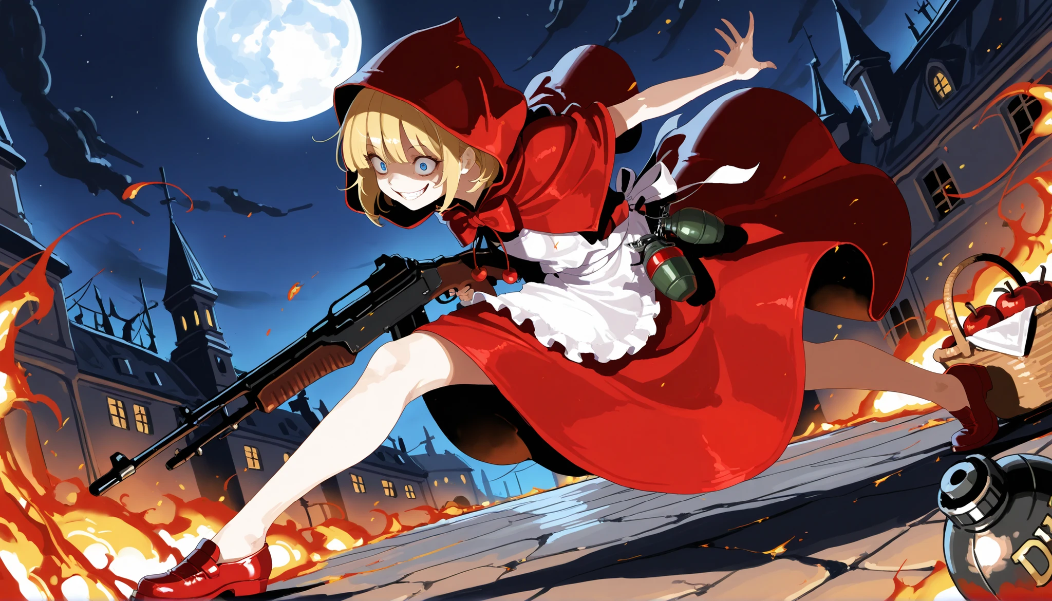 masterpiece, 1girl, best quality, amazing quality, very aesthetic, basket, apples, fruits, absurdres, red dress, exposed legs, blue eyes, B.B Hood, blonde hair, white apron, bangs, 1girl, red hooded cloak, red shoes, crazy eyes. crazy smile, moon, dark castle, automatic rifle, bomb, hand grenade, dynamic angle, spark, fire, sliding, devils, dancing, ((burnt city back ground)), full body shot, face close up, view from above
