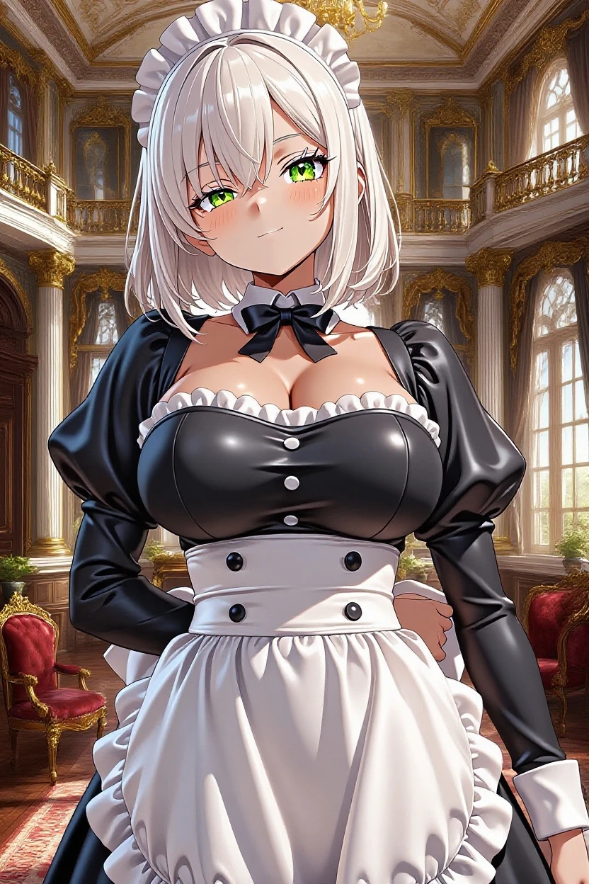 masterpiece,best quality,high resolution,detailed face and eyes,indoor,castle,zest1,yellow eyes,medium breasts,cleavage,female focus,miniskirt,maid,smile,standing,standing,looking_at_viewer,<lora:zest-000003:0.8>,<lora:add_detail:1>,