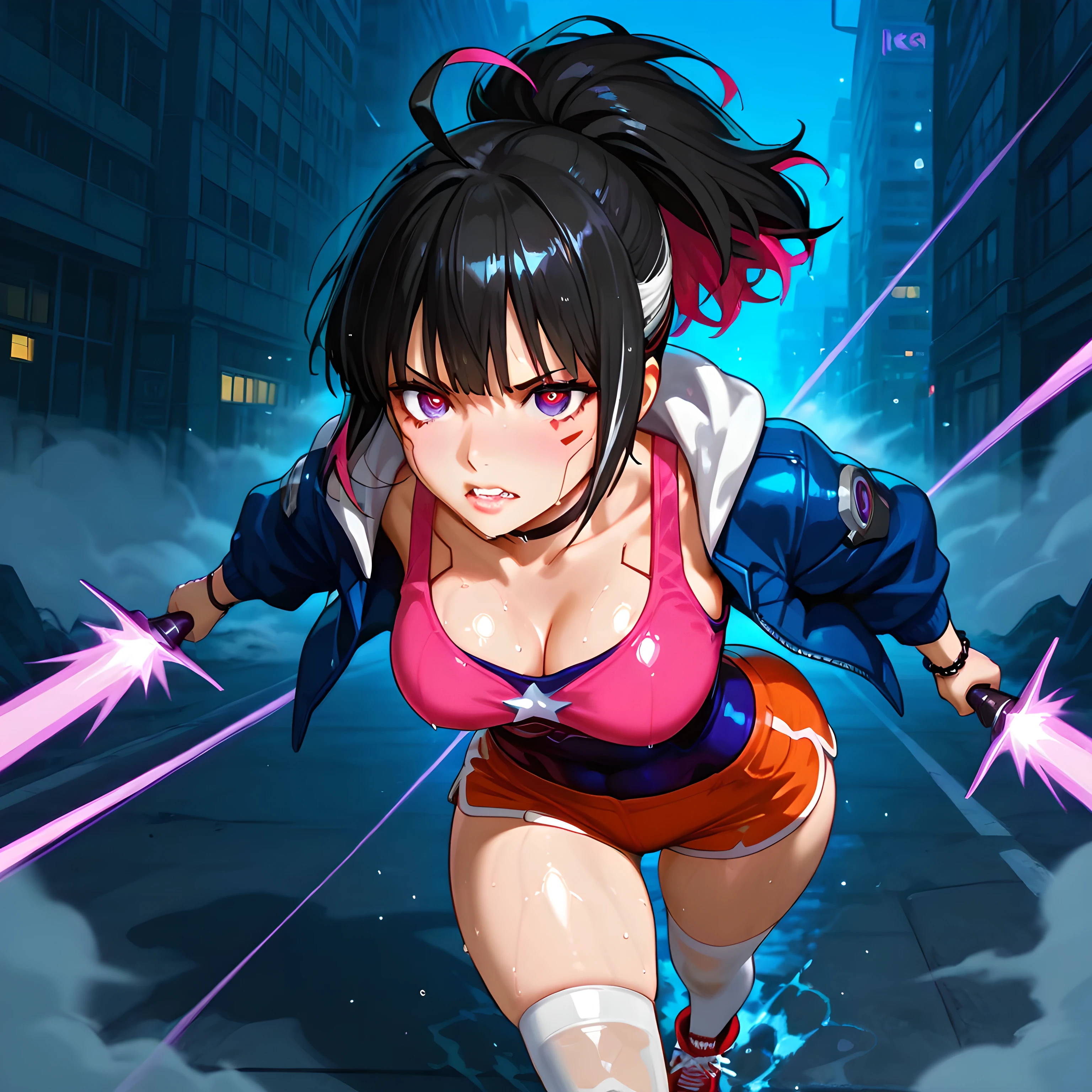 high side angle, ((Kyoukai no Kanata art style, standing, character running on the battlefield, character running towards the viewer with a purple blade aimed diagonally, mid-air slashing attack scene, attack details, ultra-detailed action scene):1.12), (ultra image quality, perfectly detailed eyes, perfect facial details, ultra image sharpness, balanced lighting, ultra-quality shading), {Vermeil with black hair}:((1woman, choker, beautiful woman, epic look, straight bangs, blue jacket with white hood, chains coming down from the jacket, orange short shorts, pink tank top tight on round breasts, blouse pressing breasts, tight clothes on the body accentuating curves, red all star sneakers, wet sensual lips, tight white thigh-high socks, thorn bracelets, look of despair, spiral-shaped ahoge hair, dual-colored hair, white streaks at the ends of the hair, hair in a ponytail, battle-scarred skin, grinding teeth, fog sweaty, panting, average breasts, round ass, perfect lips, curvy body, thin waist, dilated pupils, dark circles, porcelain skin):1.05), ((cyberpunk setting, dangerous night city, ultra-detailed action scene, missiles falling towards the colossal buildings in the background of the image, wide and incredibly detailed setting):1.12).