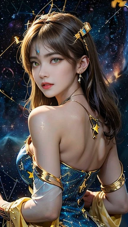 12 girl ,27-year-old , The future zodiac goddess, future constellation mythical goddess, Chinese zodiac, Luxurious shiny zodiac style, Redlip, thin and pretty lips, Characters created by karol bak and pino daeni, Complicated details, detailedbackground, The content is very detailed, Light magic, A woman is, Clear face,(exposed bare shoulders), (Natural and real big breasts:1.5),(drooping chest:1.2),(Clear nipples:1.5),Beautiful and delicate face and well-proportioned eyes, big round eyes and very beautiful and meticulous makeup, bangle,,true and vivid photo, (stars that make up the zodiac: 1.7), ( sky zodiac and fictitious space and time portal: 1.8), fiction art, RAW photos, The best photos , tall_resource, Best quality, The best photos, 8K quality, 8K Ultra , ultra-realistic realism, real photos, 12 zodiac signs art portrait, photos of the twelve zodiac goddesses, truest color scheme, best photo color, tmasterpiece, choker necklace, jewely, Nice face, dingdall effect, Live photos, , Bezel light, Dichroic light, 8k ultra high definition, SLR camera, gentlesoftlighting, high high quality, volumettic light, Frankness, photore, A high resolution, 4k quality, 8K, bokeh, Smooth and sharp, 10x pixel increase, Charming zodiac goddess, sexy zodiac nude body, (background space: 1.8), (galaxias: 1.7), extreme light, <Low RA:Locon_perfect eyes_v1_Translucent liquid comes from_v1_, beautiful goddess and flowers,