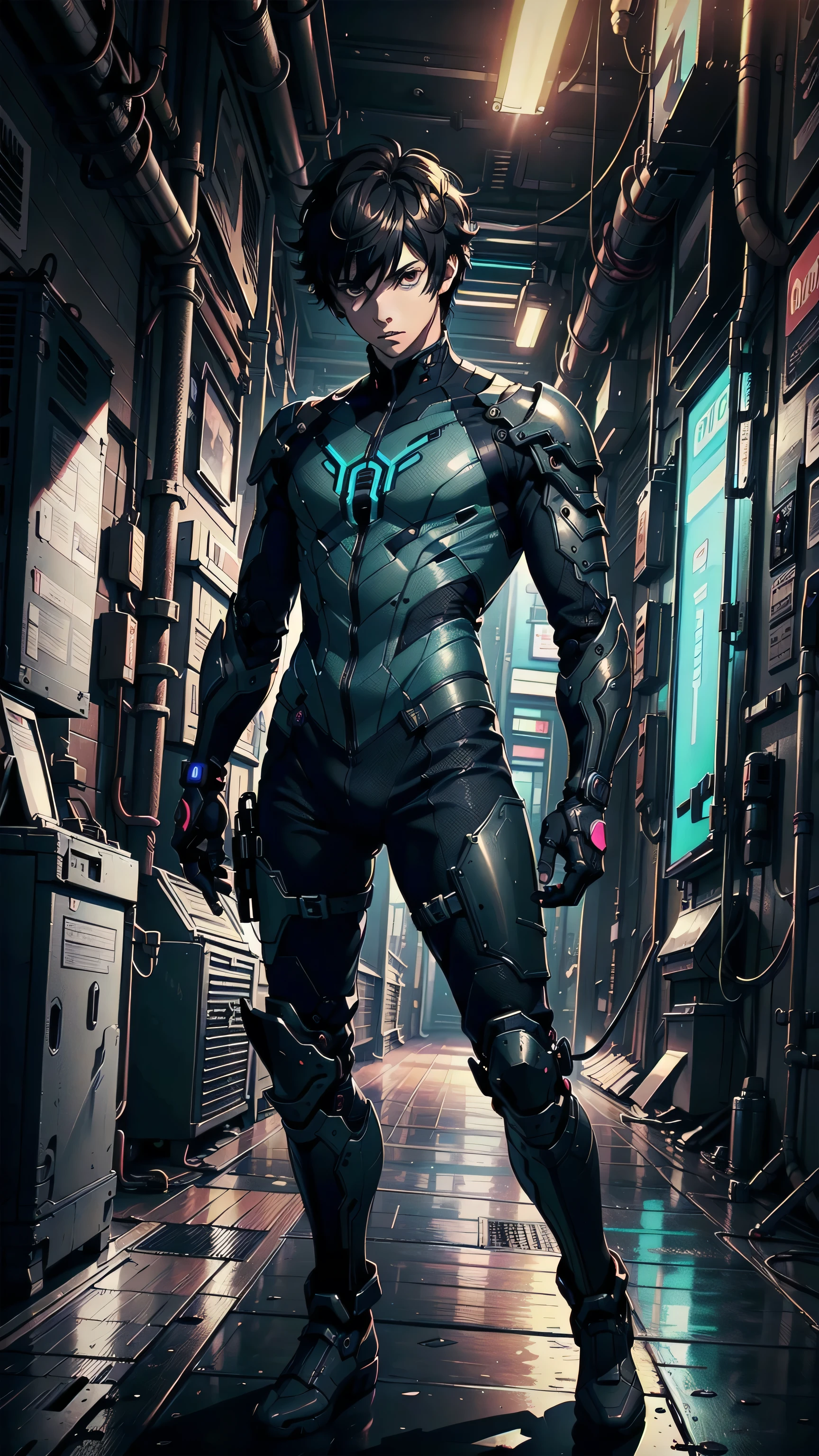 masterpiece, best quality, 1boy, solo, Amamiya Ren, ((male in a military tactical armored suit with a gun, navy blue and neon colors cyber suit armor, Ren amamiya, black brown hair and eyes, 17 teen years old, male, Athletic, handsome)), ((top quality, ultra-detailed, high resolution, extremely detailed CG, unity 8k wallpaper, Makoto Shinkai style, by famous artist, perfect anatomy, super detailed skin, cinematic lighting, UHD, retina, anatomically correct, 1080P)), (single), ((1boy)), a high school student, ((full dark brown hair)) Full limbs, complete fingers, ((perfect fingers, perfect arms)), masculine, manly, small, Beautiful detailed full dark brown eyes, perfect eyes, ((war scene)), standing, single guy (one guy), full body shot. ((close view)), full body