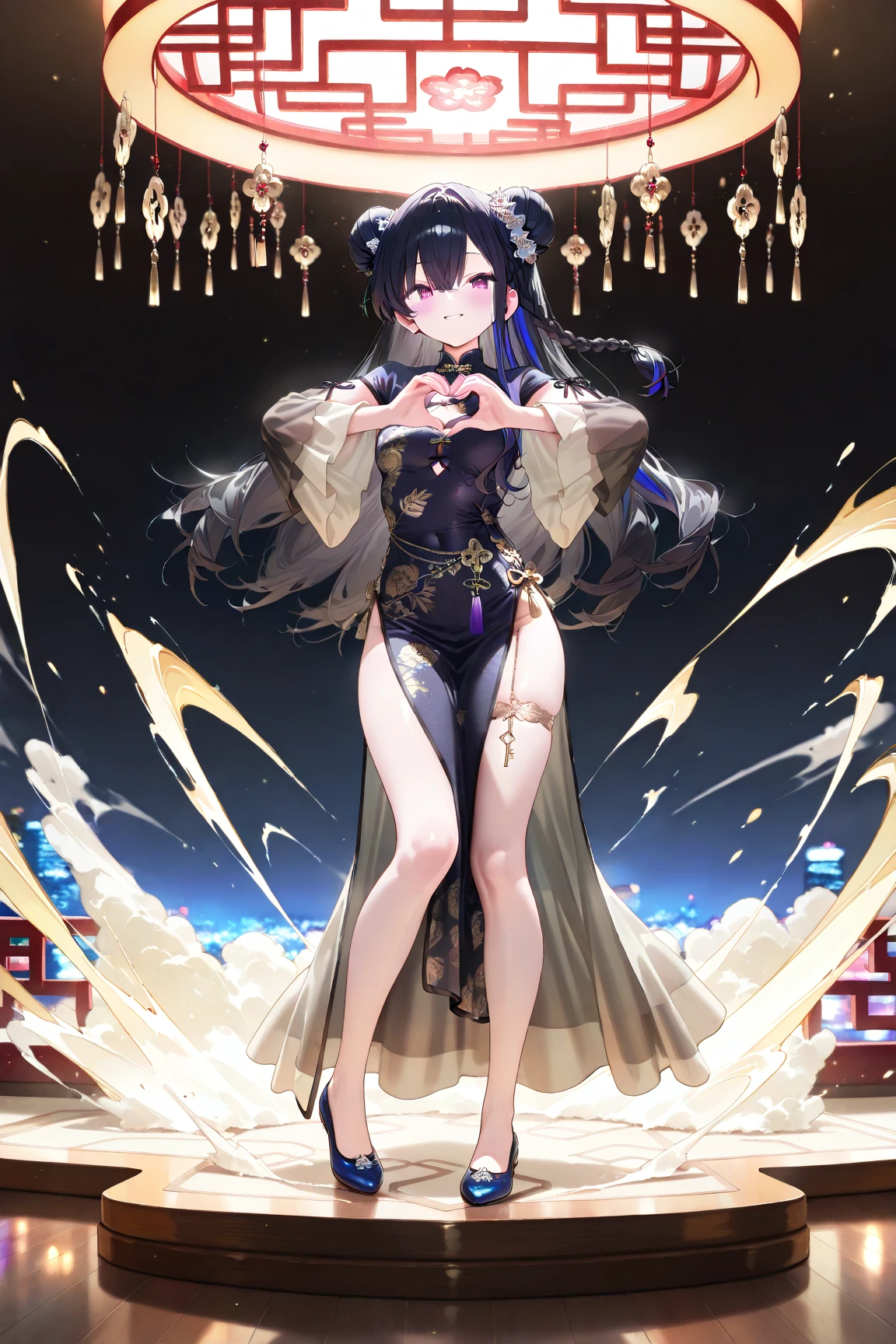 transformation, knight, pinup, after transformation, long hair, ecstasy, blush, evil smile, Qipao, aurora, meteor shower, Raising hand skyward, black hair, cape, destroying, Casting a darkness destruction spell, purple eyes, knee boots, stand-up collar, black long china dress, piercings, octagonal yin yang mirror, 1 boy, femboy, runes, gold decoration, earrings, chains, bracelets, yin yang, belts, tassel, beautiful art, depth of field, high res, perfect face, detailed outfit